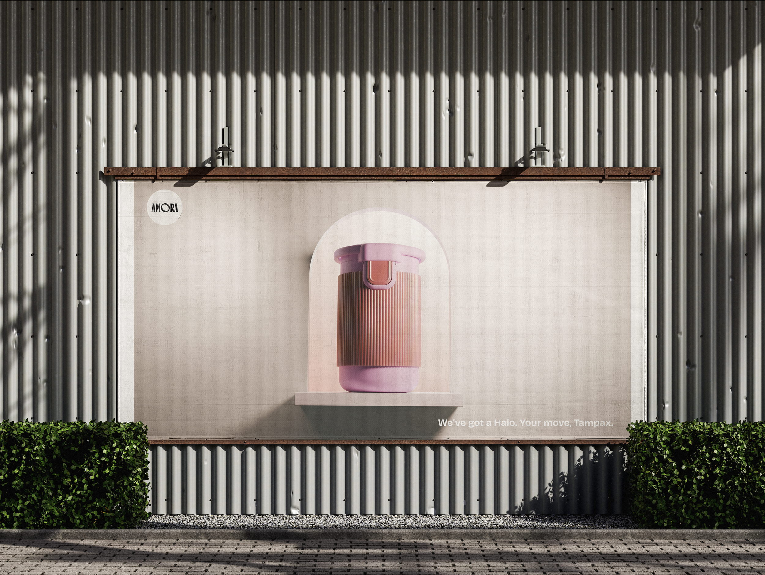 Outdoor billboard featuring Halo in the Very Berry colourway displayed on a soft pink plinth, with the text “We’ve got a Halo. Your move, Tmpx.” and the Amora logo