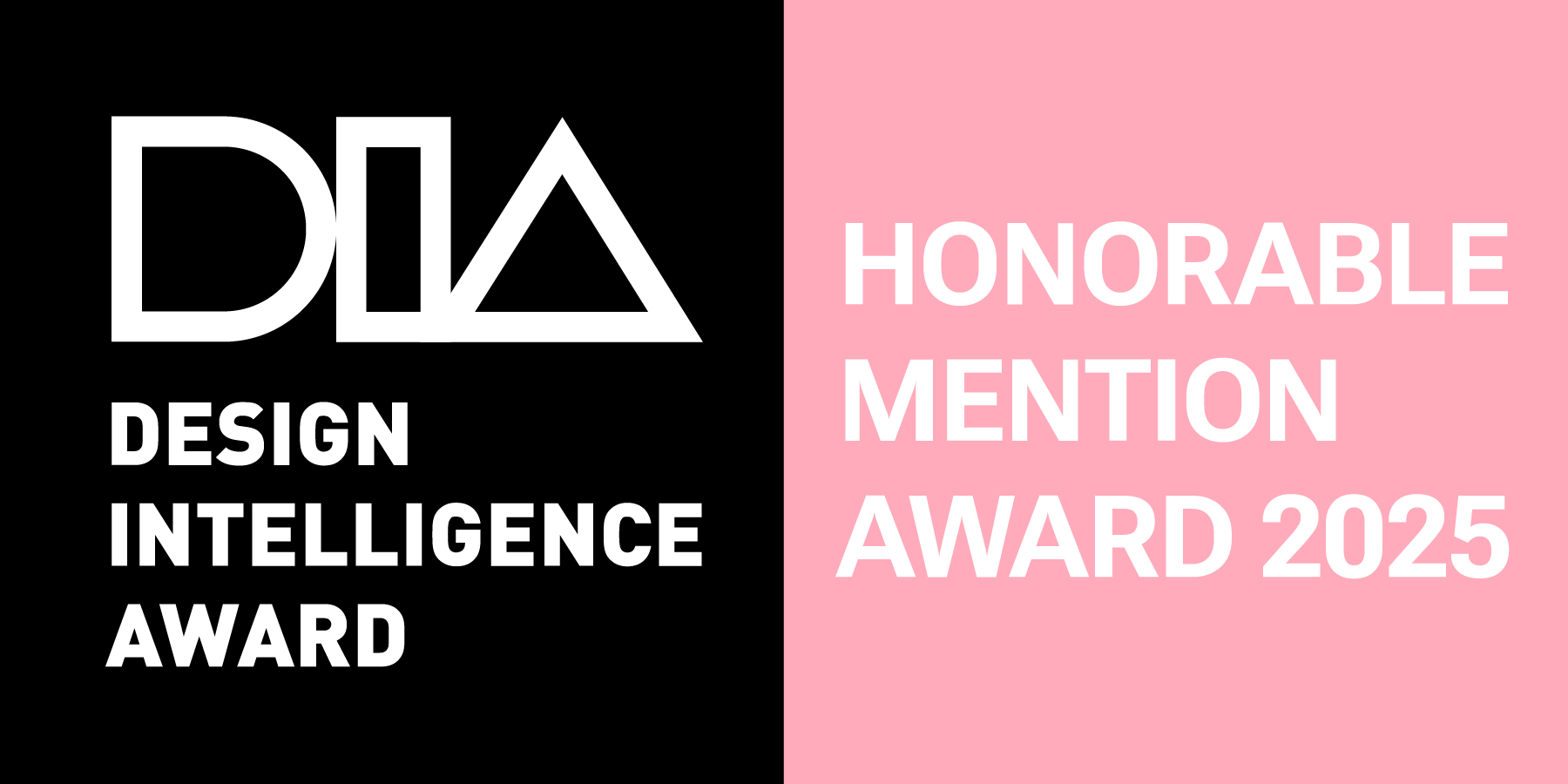 Design Intelligence Award 2025 honorable mention badge, with a black and pink background, featuring the DIA logo and text.
