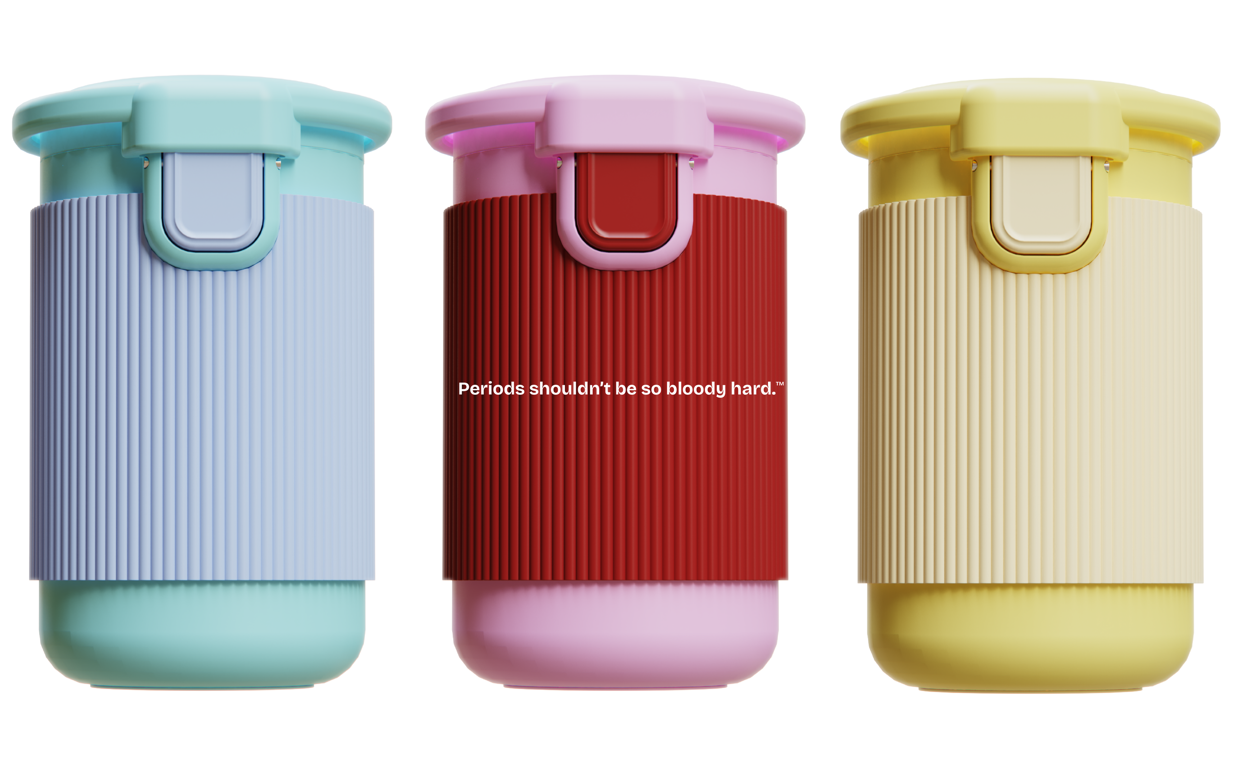 Three Halo menstrual cup rinsing pods shown side by side on a light background in the Blueberry Mochi, Very Berry, and Lemon Drop colourways. The centre pod includes the text “Periods shouldn’t be so bloody hard.”