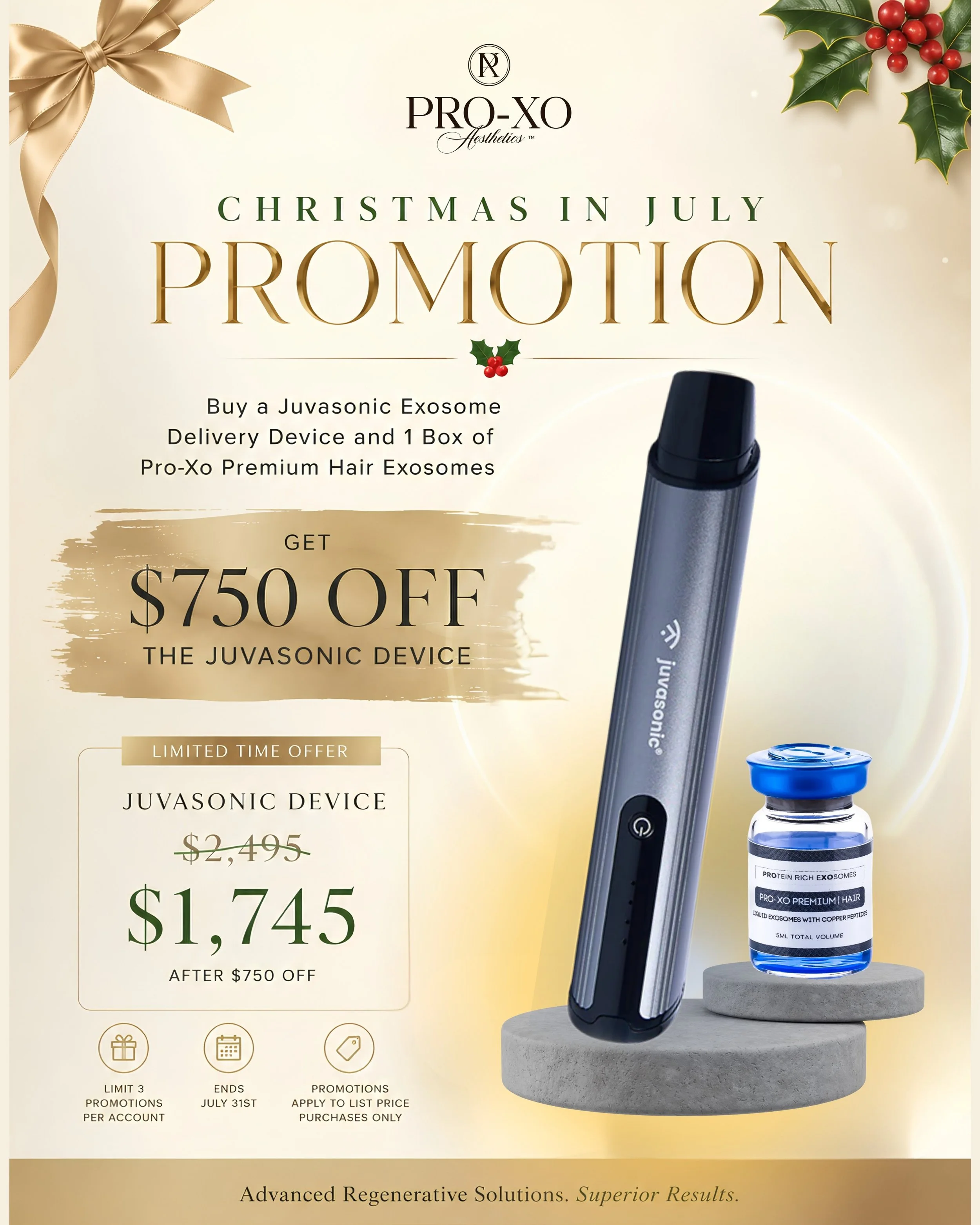 🎄🌟 Christmas came early.

Summer may slow down laser treatments but it doesn't have to slow down your practice.

Keep offering skin rejuvenation and hair restoration treatments year-round with the Juvasonic Exosome Delivery Device + Pro-Xo Exosomes