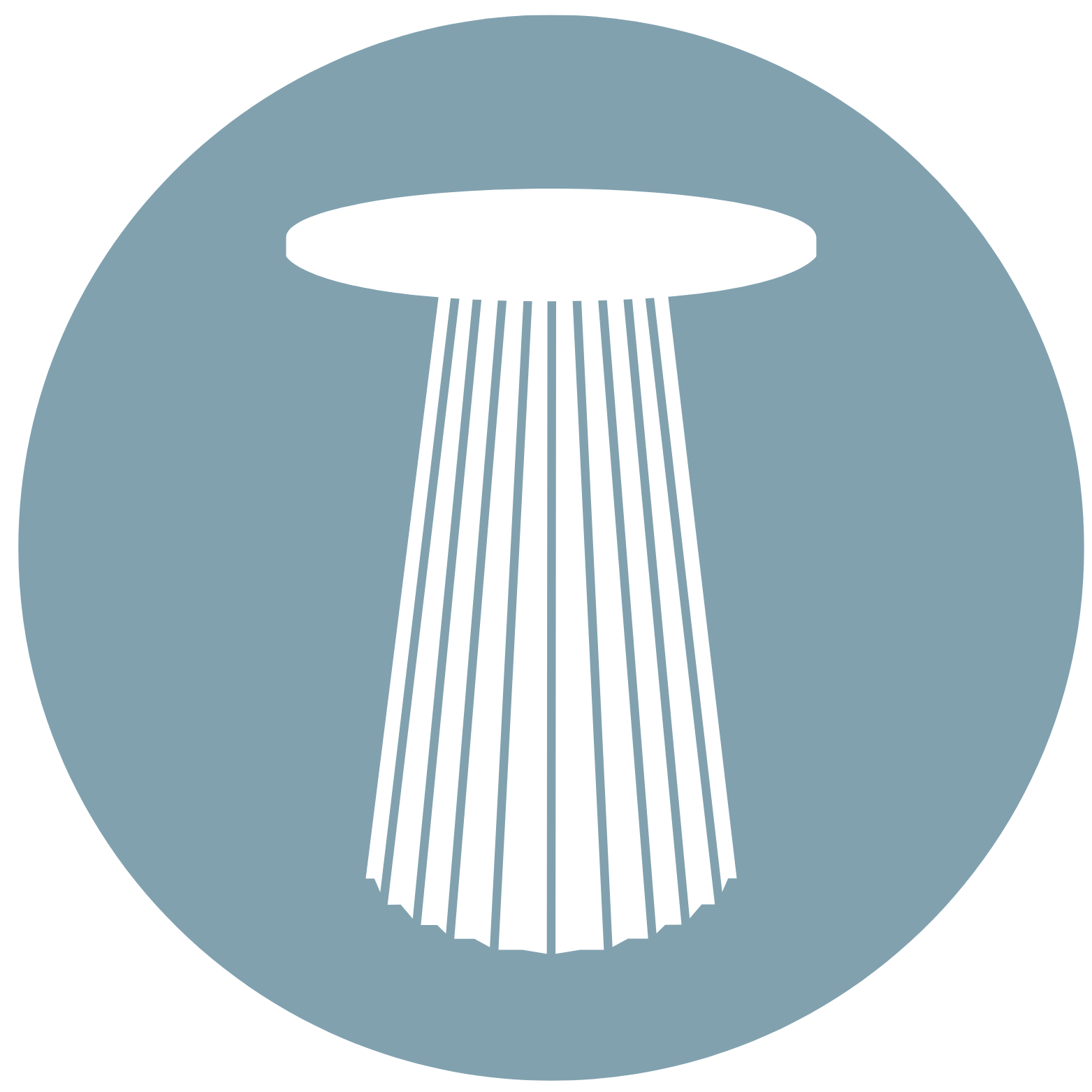Graphic illustration of a UFO with beams of light projecting downward, set against a circular blue background.