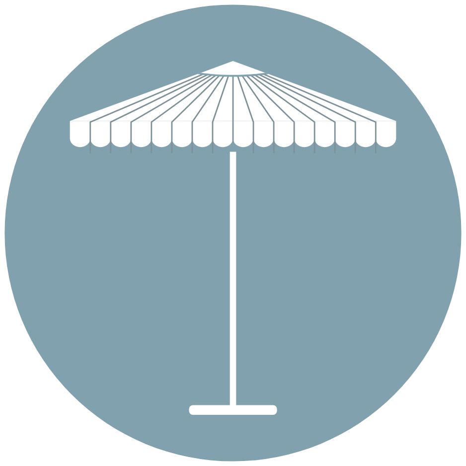 A white beach umbrella with a scalloped edge on a light blue circular background.