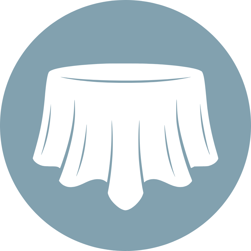 Icon of a table covered with a tablecloth inside a gray circle.