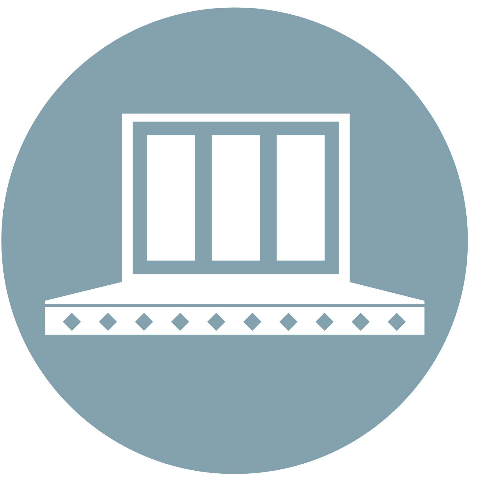 A digital illustration of a cozy home with a large window and a decorative trellis at the front, inside a circular frame.