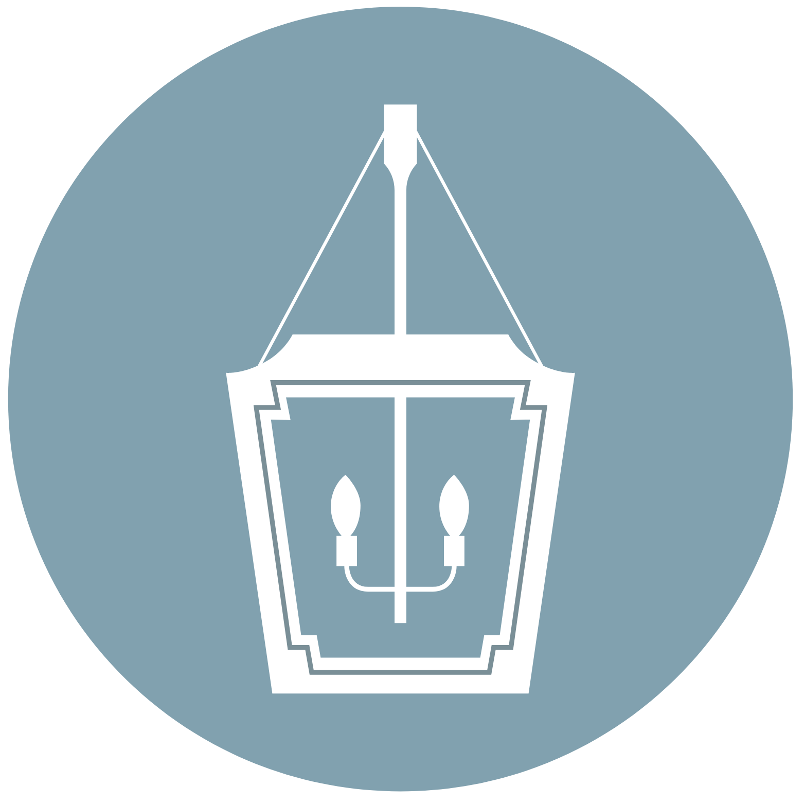 A graphic illustration of a vintage street lamp with a light blue circular background.