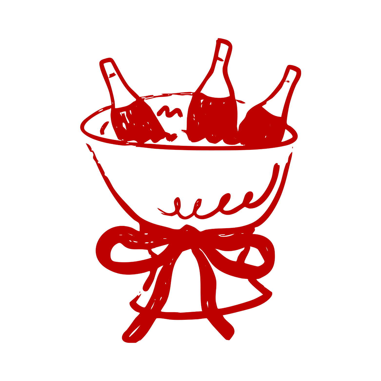 Red line drawing of a bowl with three bottles inside, tied with a ribbon at the base.