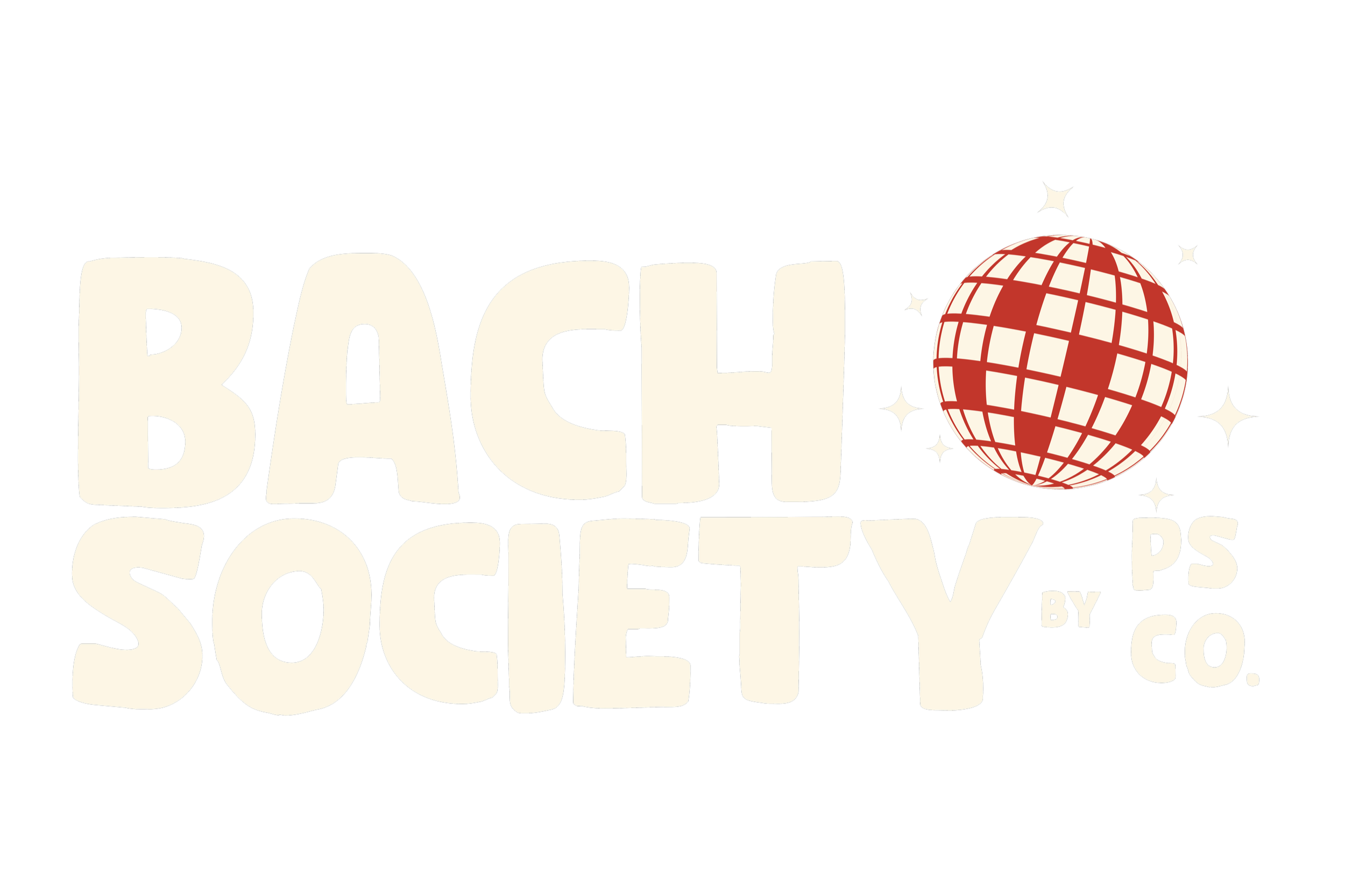 Retro logo with bold white text reading 'BACH SOCIETY' and smaller text 'by PS Co.' on black background, featuring a red disco ball with white grid lines and surrounding white stars.