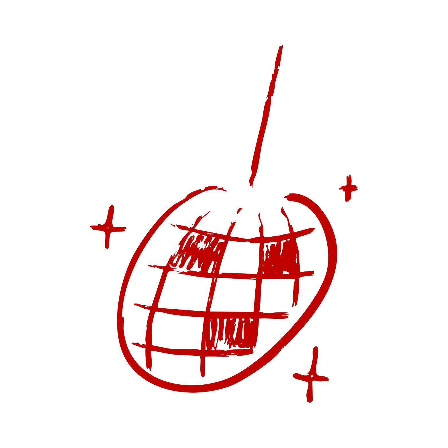 Red chalk sketch of a bomb with a grid pattern, a fuse on top, and four scattered plus signs on a black background.