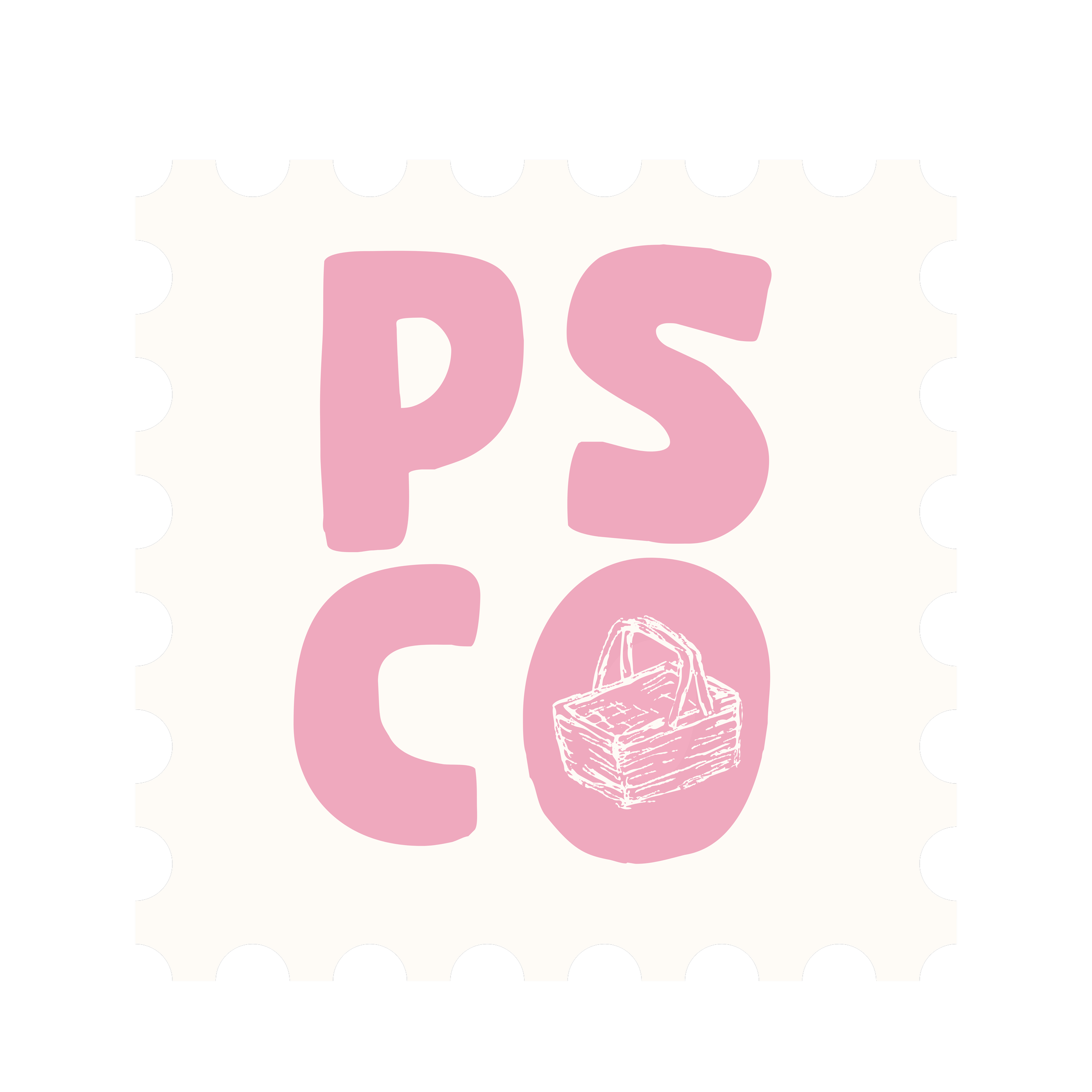 A pink and white stamp design with the word 'PSCO' and a small sketch of a picnic basket inside the 'O'