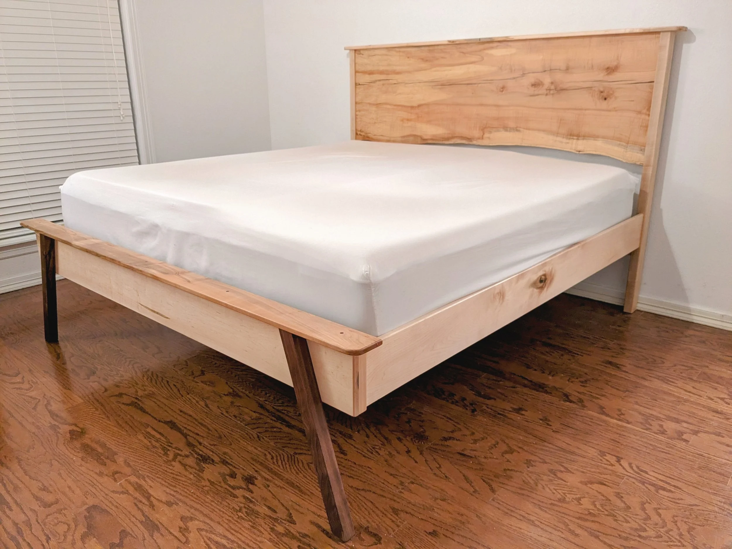 Ambrosia maple king bed frame with walnut accents
