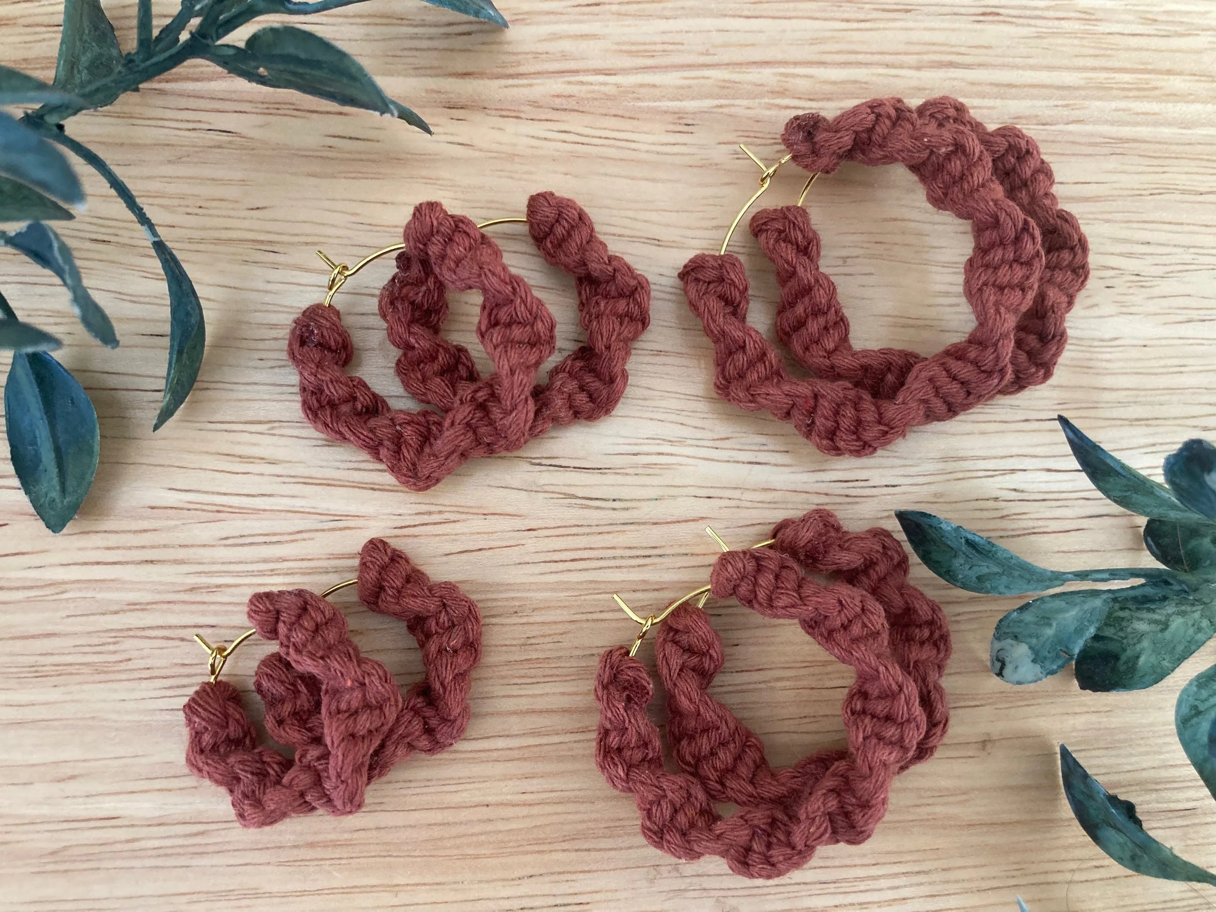 Macrame Hoops in "Rust Red"