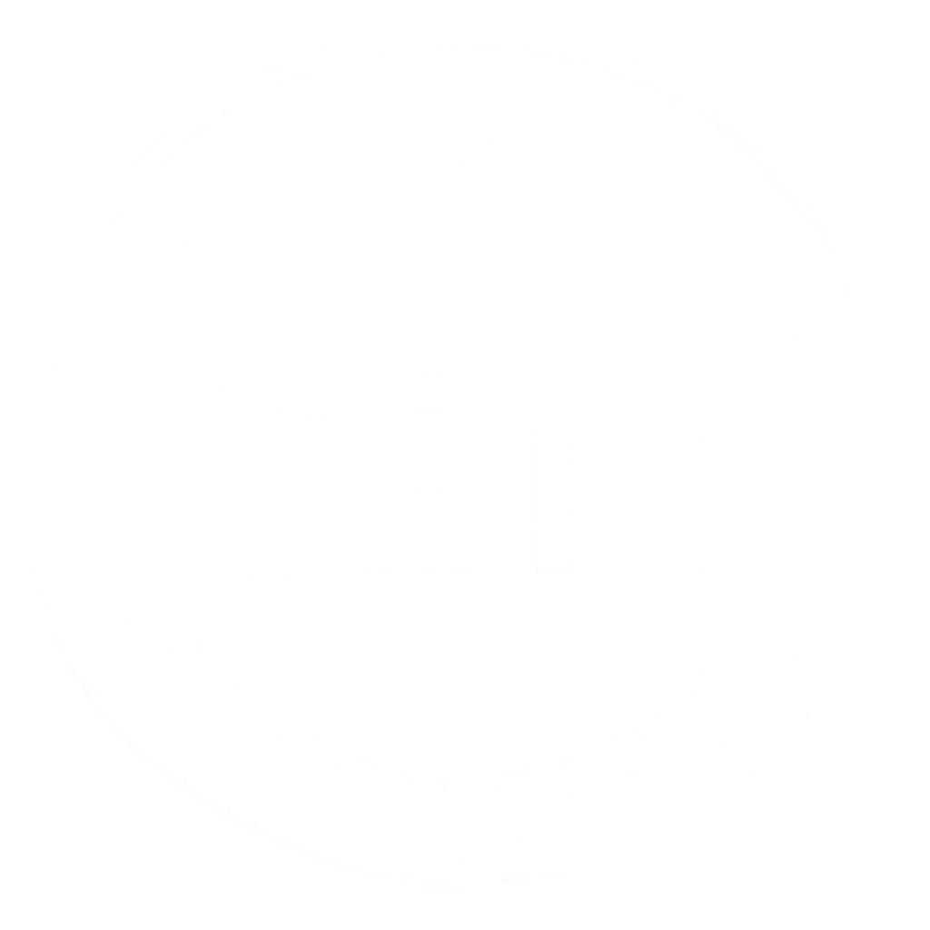 Circular logo with the text 'MODÉ FENÊTRE' at the top and 'WINDOW FASHION' at the bottom, a large central circle containing the letters 'SBM'