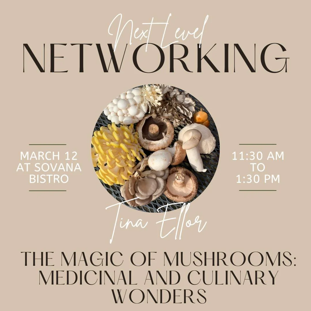 Event poster for a mushroom-themed culinary and medicinal workshop with Tina Ellor, scheduled for March 12 from 11:30 AM to 1:30 PM at Sovana Bistro. The poster features a circular arrangement of various mushrooms on a black plate, with text over a b
