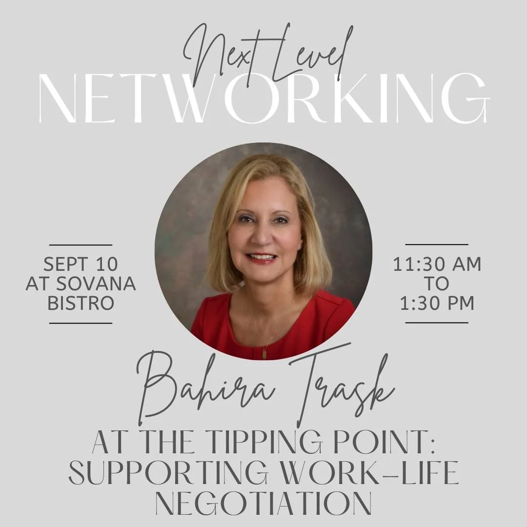 Event poster for a networking event featuring Bahira Trask at Sovana Bistro on September 10 from 11:30 AM to 1:30 PM, titled "Next Level Networking."