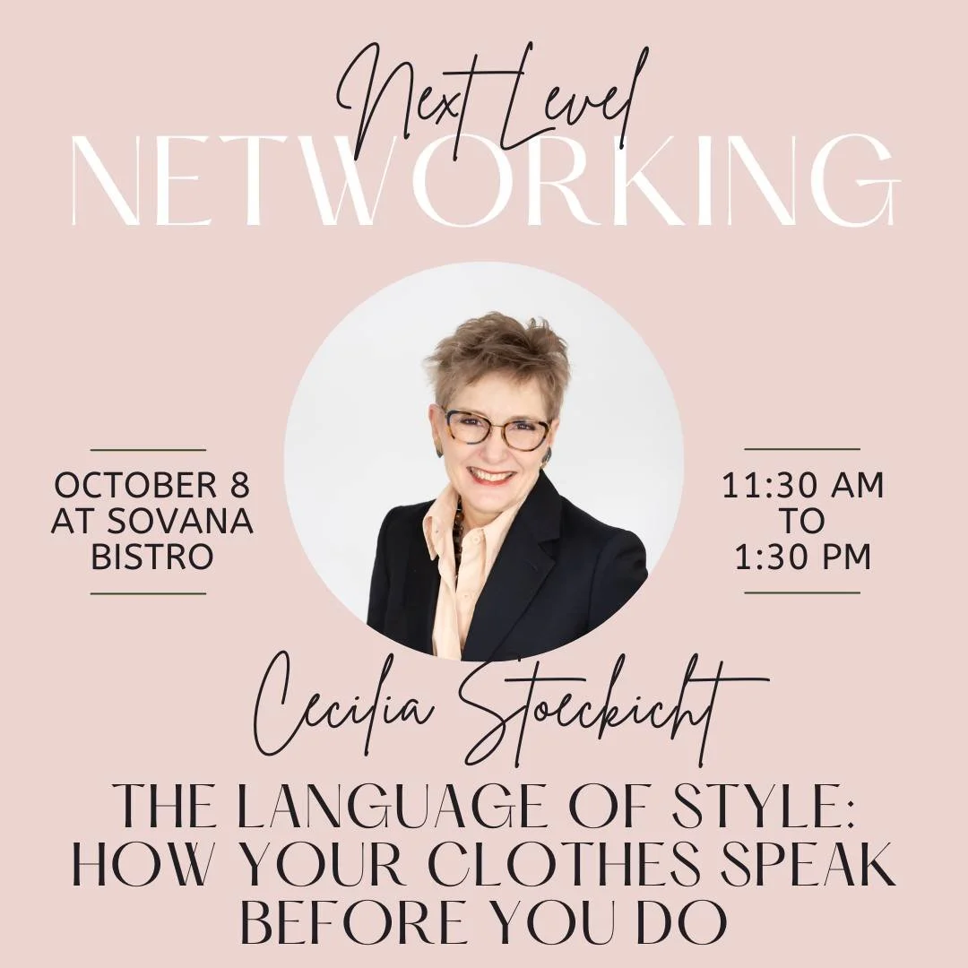 Event poster announcing a networking event with Cecilia Stockight titled "The Language of Style: How Your Clothes Speak Before You Do" on October 8 from 11:30 AM to 1:30 PM at Sovana Bistro. The poster features a photo of Cecilia Stockight wearing gl