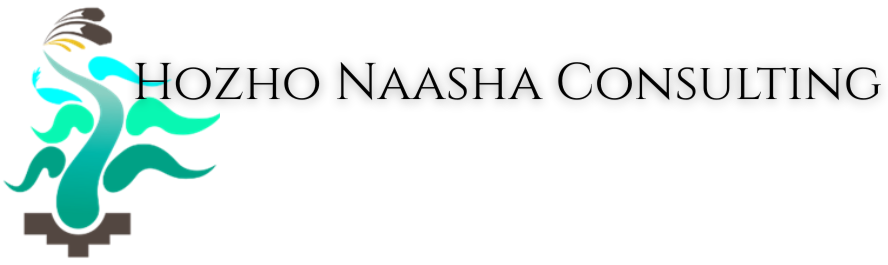 Logo for Hozho Naasha Consulting featuring stylized turquoise and black abstract design with black text.
