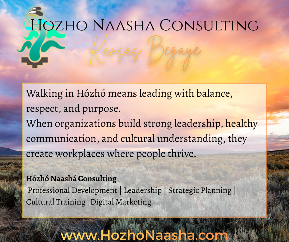 A promotional graphic for Hózhó Naashá Consulting featuring a background of a colorful sunset over a mountainous landscape. The overlay contains text describing the consulting services focused on leadership, strategic planning, and cultural training, with the website URL www.HozhoNaasha.com at the bottom.