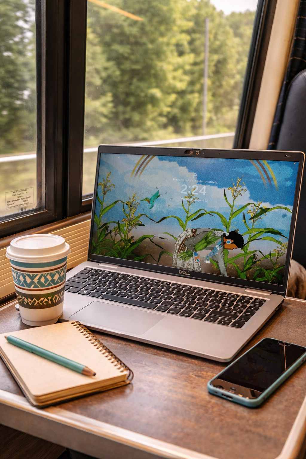 Laptop on a train table with a nature-themed lock screen, a disposable coffee cup, a closed smartphone, and a notebook with a pen, next to a window showing green trees outside.