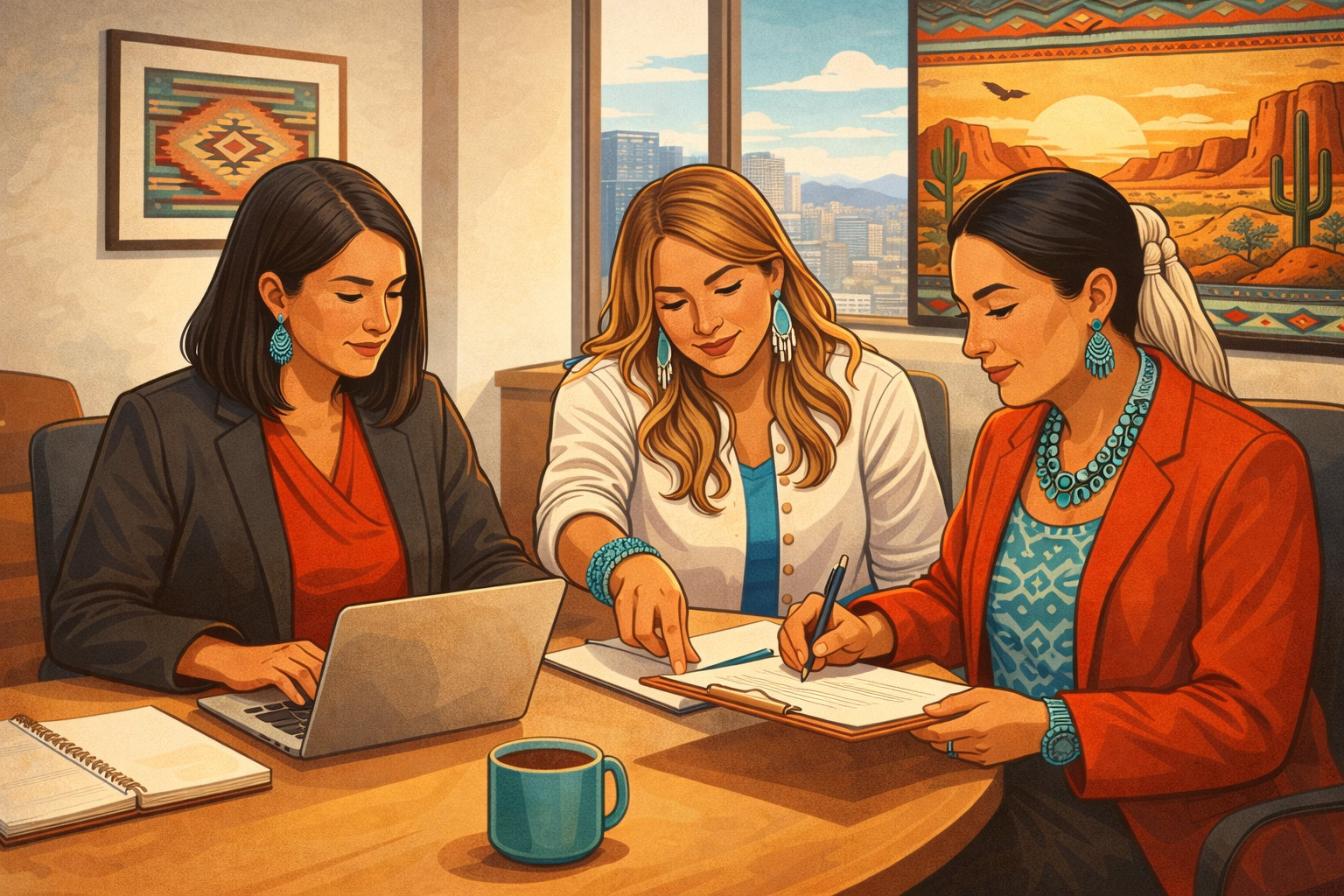 Three women sitting at a table in an office, reviewing documents with a laptop and a coffee mug, with cityscape and western-style desert paintings on the wall behind them.