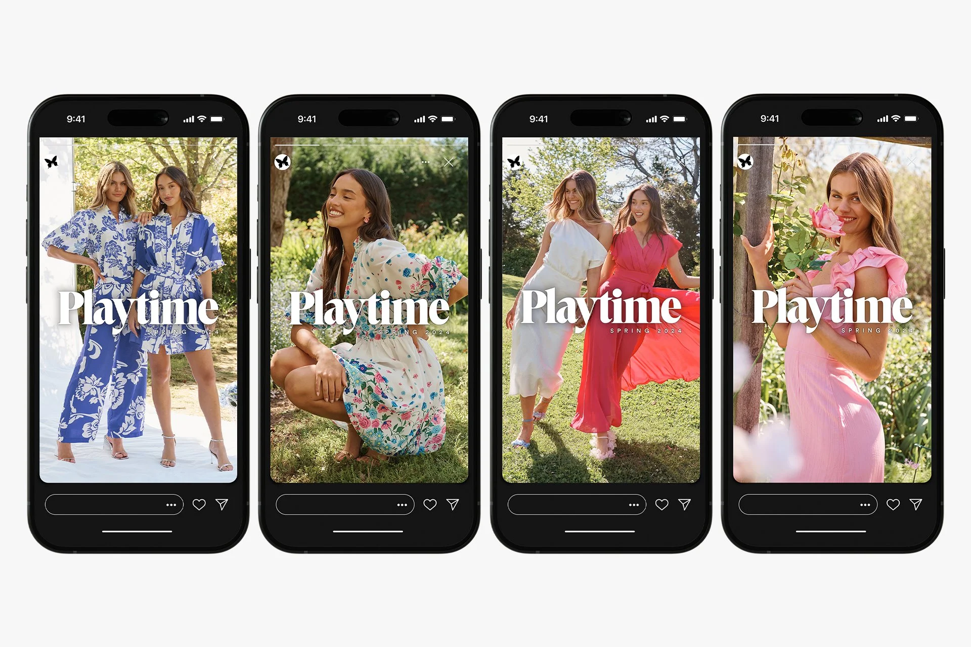 Four smartphones displaying images of women in spring fashion outdoors, with the text "Playtime" and "Spring 2024" overlaid.