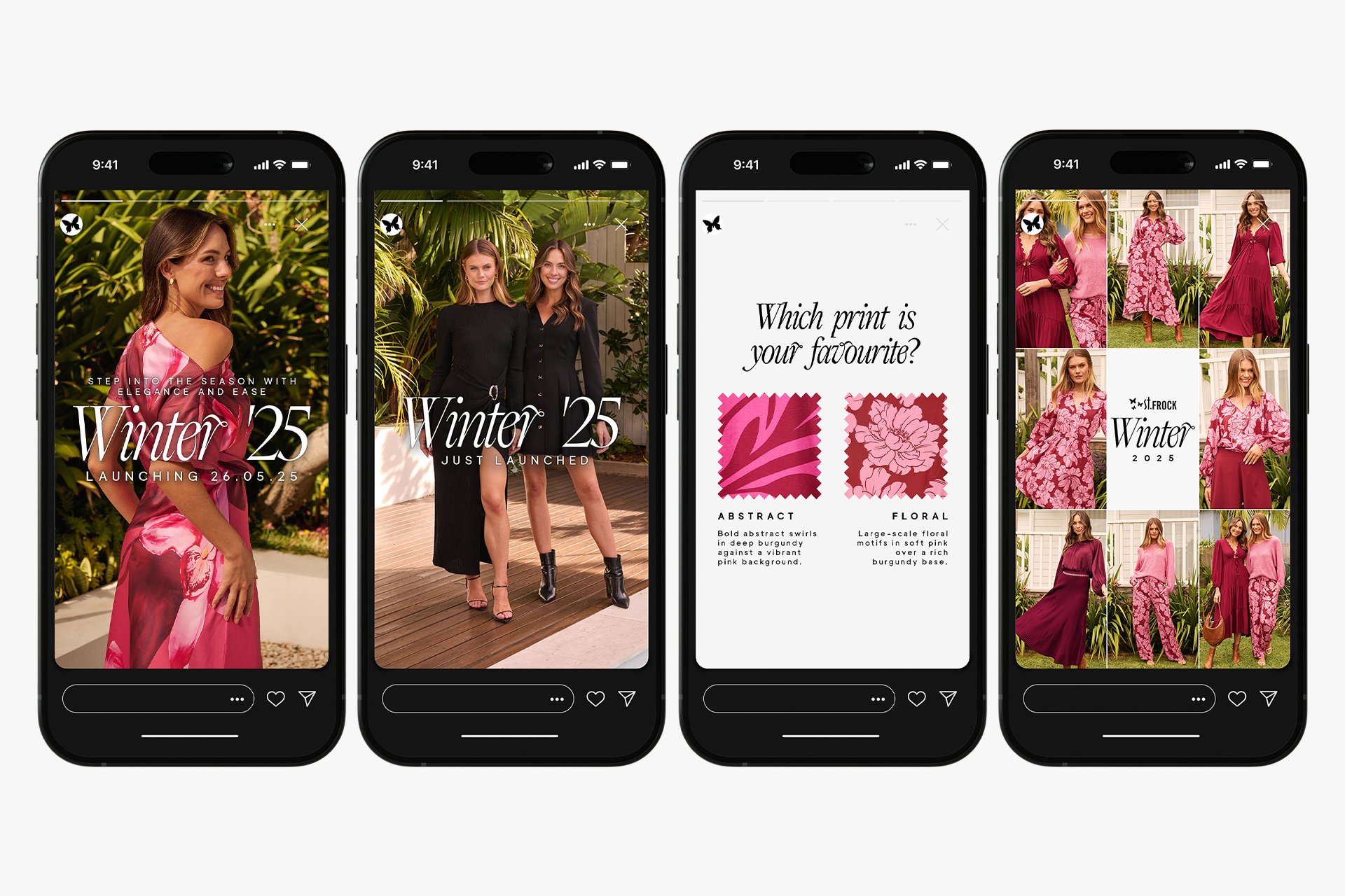 Screenshots of a mobile app showcasing a winter fashion collection with models wearing pink and burgundy clothing, including dresses and floral prints, and text highlighting the launch date and design features.