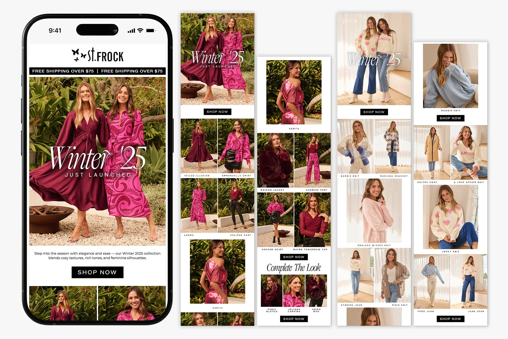 Fashion e-commerce website showcasing winter collection, including models wearing cozy sweaters, dresses, and casual outfits, with text overlays such as "Winter 25" and "Shop Now".