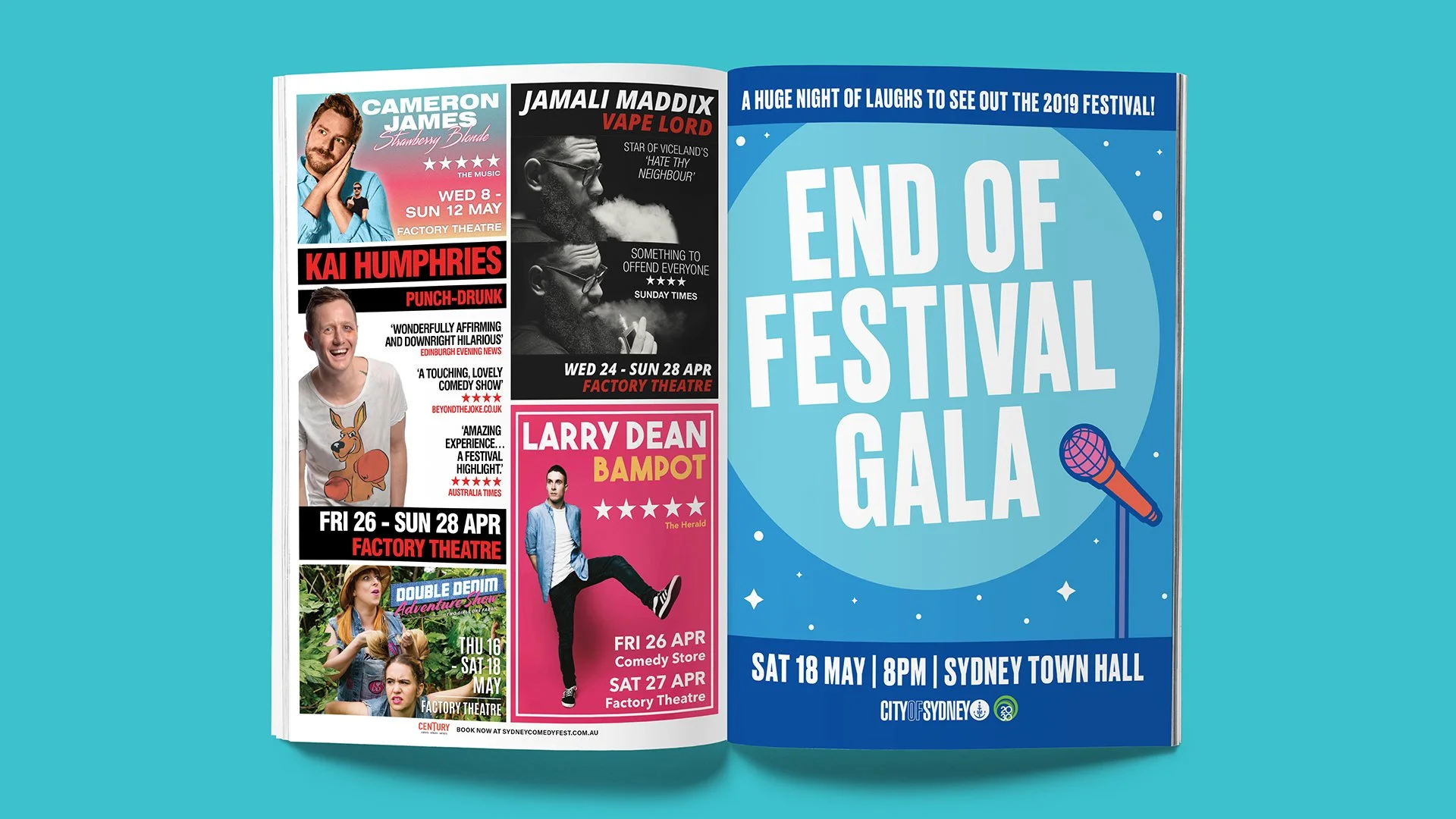 Open festival program booklet with a list of comedy shows and event details, featuring ads for various comedians and a large blue section announcing the End of Festival Gala on May 18 at Sydney Town Hall.