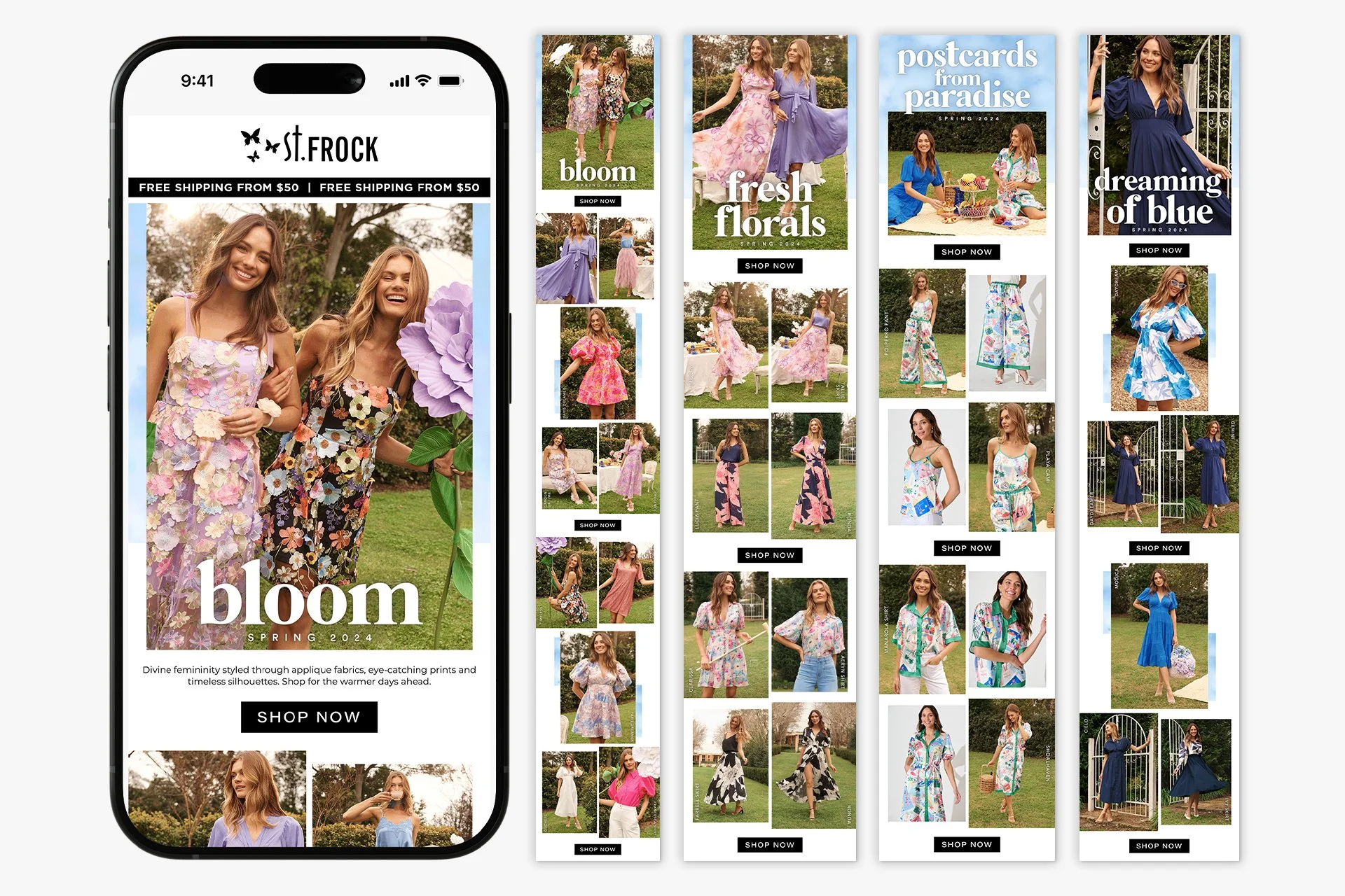 Mobile phone displaying online clothing store advertisement for spring 2024 collection with women in floral dresses, text "bloom", and "shop now" button. Surrounding advertising banners show models in colorful dresses, floral prints, and outdoor settings, labeled with themes like "fresh florals" and "dreaming of blue".