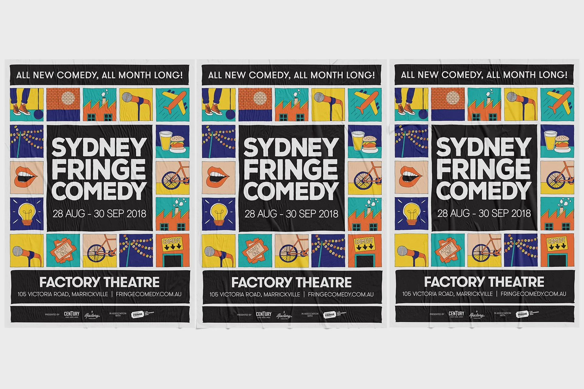 Three identical posters advertising Sydney Fringe Comedy Festival from August 28 to September 30, 2018, at Factory Theatre, 105 Victoria Road, Marrickville, featuring colorful illustrations of comedy and entertainment icons.