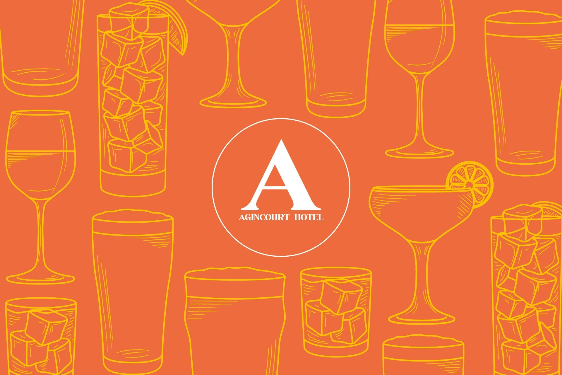 Illustration of various cocktail glasses, ice cubes, and a lemon slice on an orange background with a white circle in the center featuring the letter 'A' and the text 'Agincourt Hotel'.