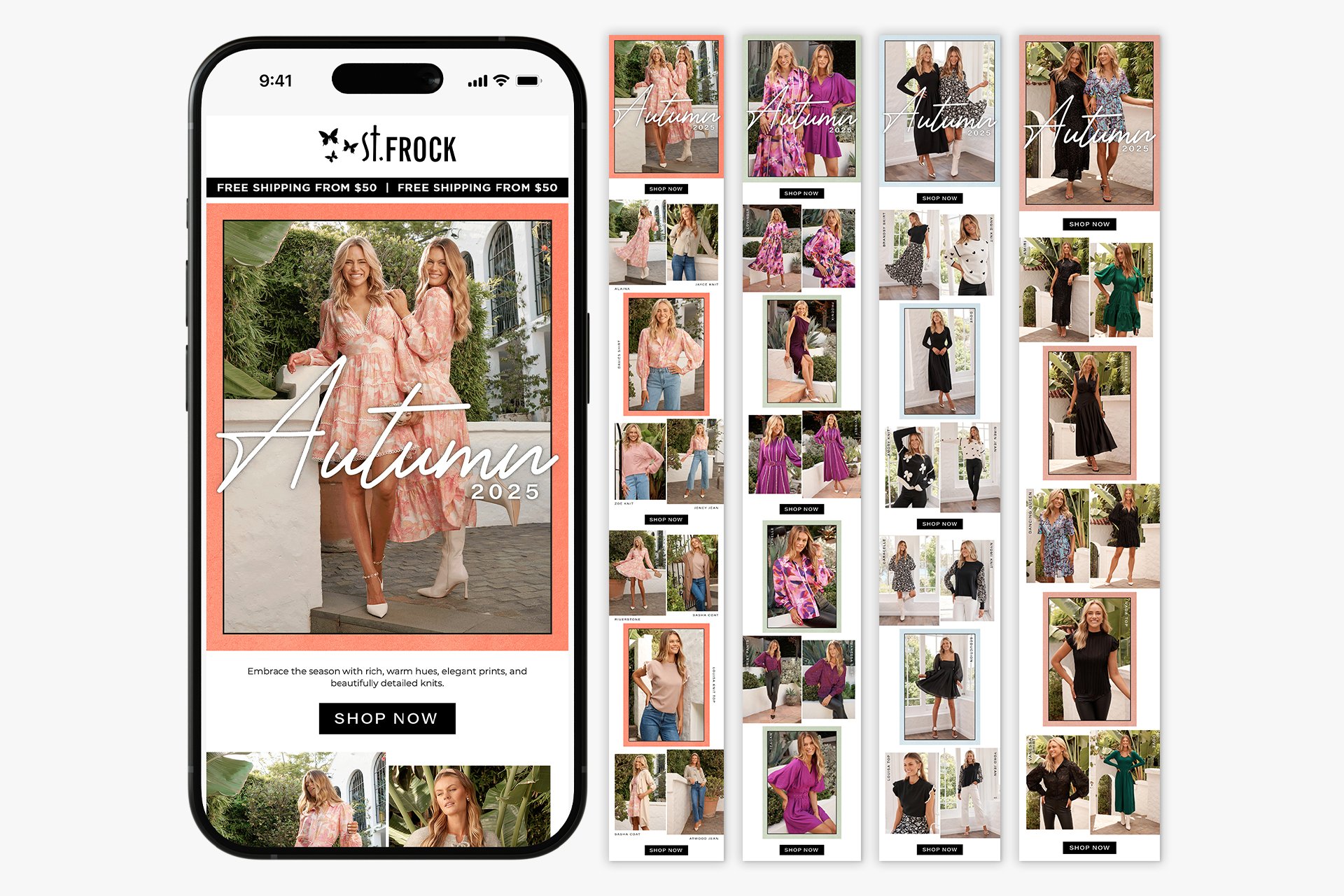 A mobile phone displays a fashion e-commerce app featuring an 'Autumn 2025' collection with women wearing colorful and patterned dresses, paired with a background of various clothing thumbnail images.