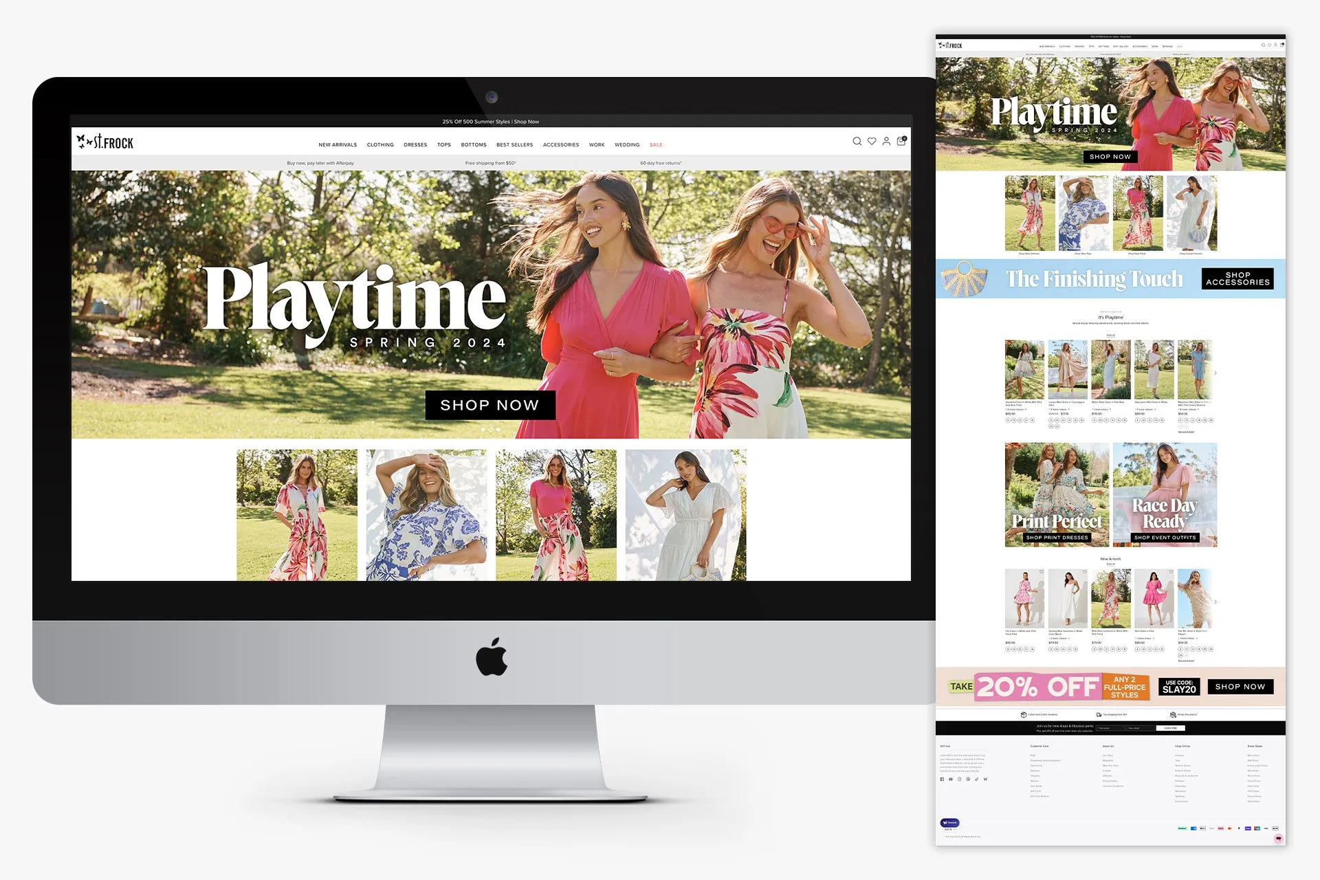 Screenshots of a clothing retailer website on a desktop computer and a mobile device, displaying spring 2024 women's fashion collection with models in dresses, promotional banners, and sale notices.