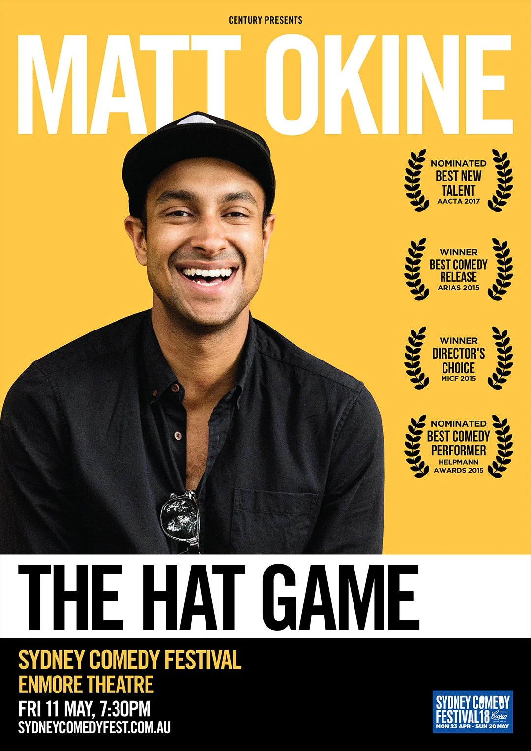 Poster for comedy show titled 'The Hat Game' featuring a smiling man wearing a black shirt and black cap, promoting the Sydney Comedy Festival at Enmore Theatre on May 11 at 7:30 PM, with awards and nominations listed.