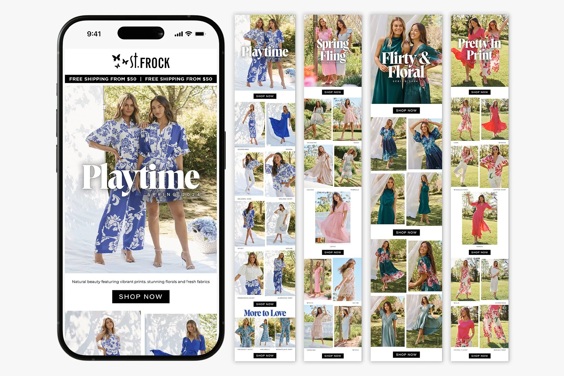 A phone screen displaying an online fashion store's spring 2024 collection with models in colorful dresses, paired with several vertical banners showing different outfits and styles.