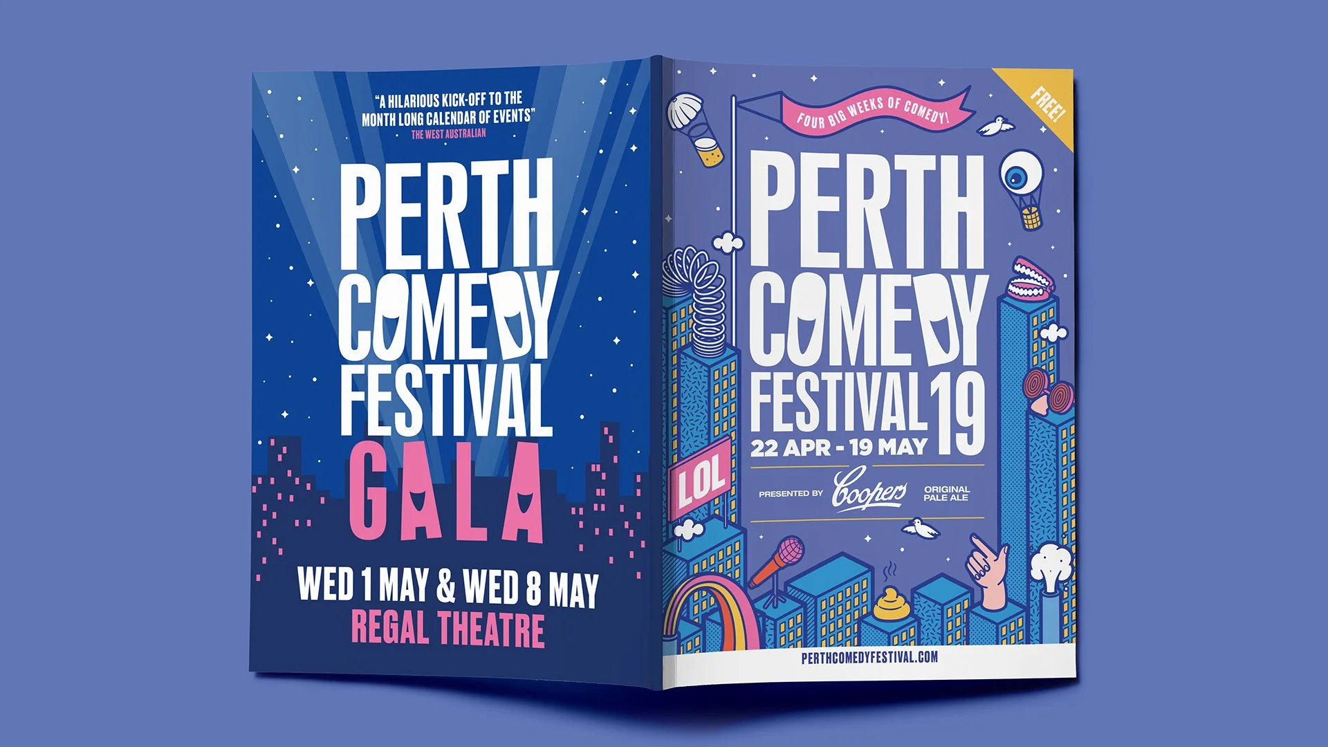 Brochure for the Perth Comedy Festival 2019 featuring event details, dates from April 22 to May 19, and visuals of city buildings, clouds, and comedy icons in blue, pink, and white colors.