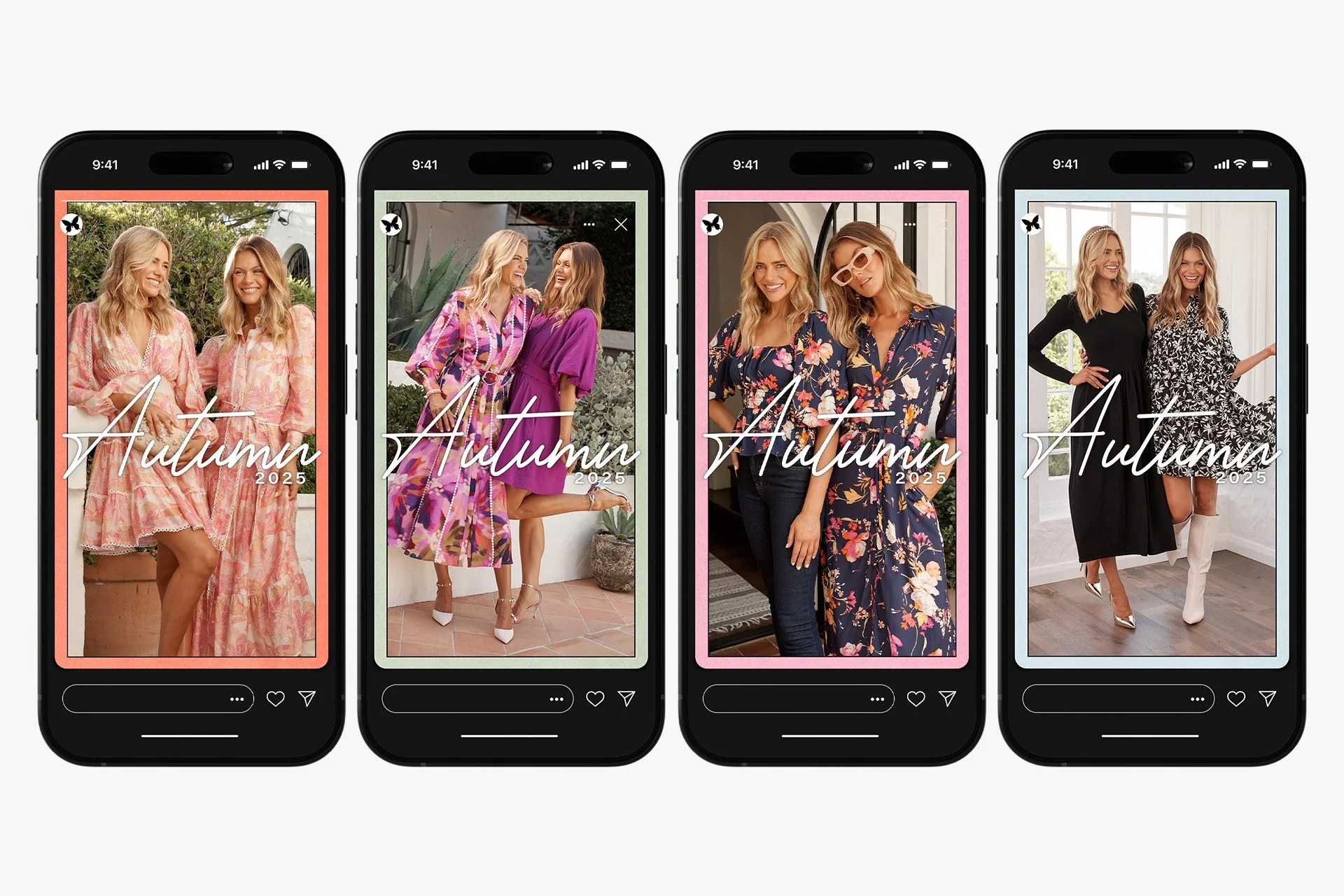 Four smartphones displaying images of women in fall fashion, with the text 'Autumn 2025' overlayed on each screen.