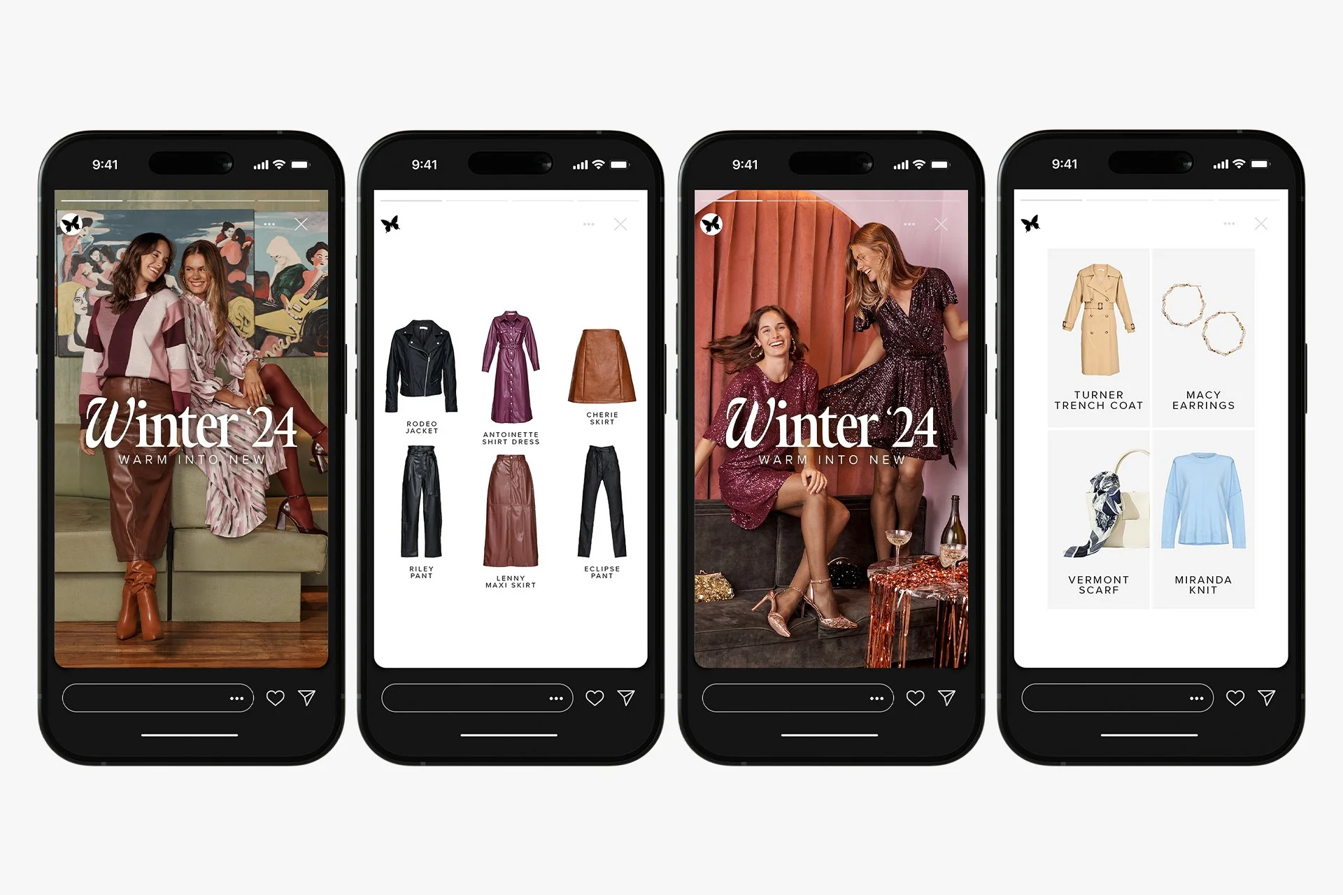 Four smartphones displaying a fashion app with winter clothing and accessories, featuring women modeling outfits and product images.