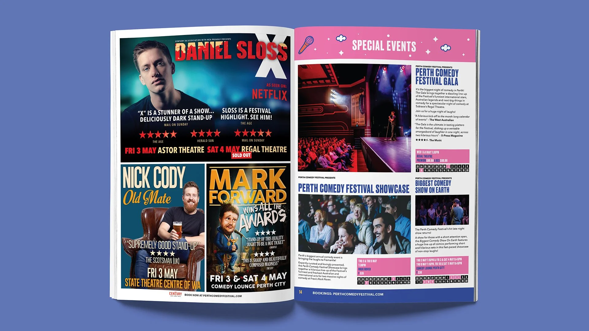 An open magazine featuring advertisements for comedy shows and a comedy festival, with colorful text and images of comedians and a stage performance.