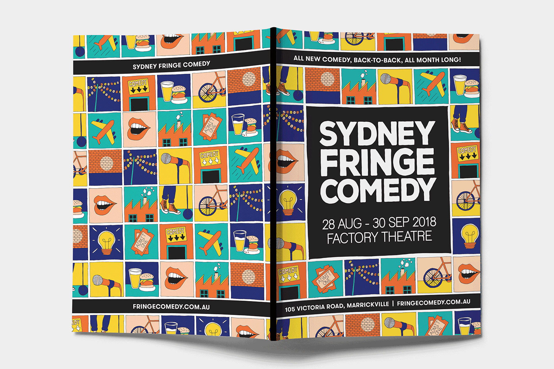Flyer advertising Sydney Fringe Comedy event with dates August 28 to September 30, 2018, at Factory Theatre. The flyer features a colorful pattern of icons including microphones, lips, bicycles, light bulbs, beer glasses, and comedy tickets.