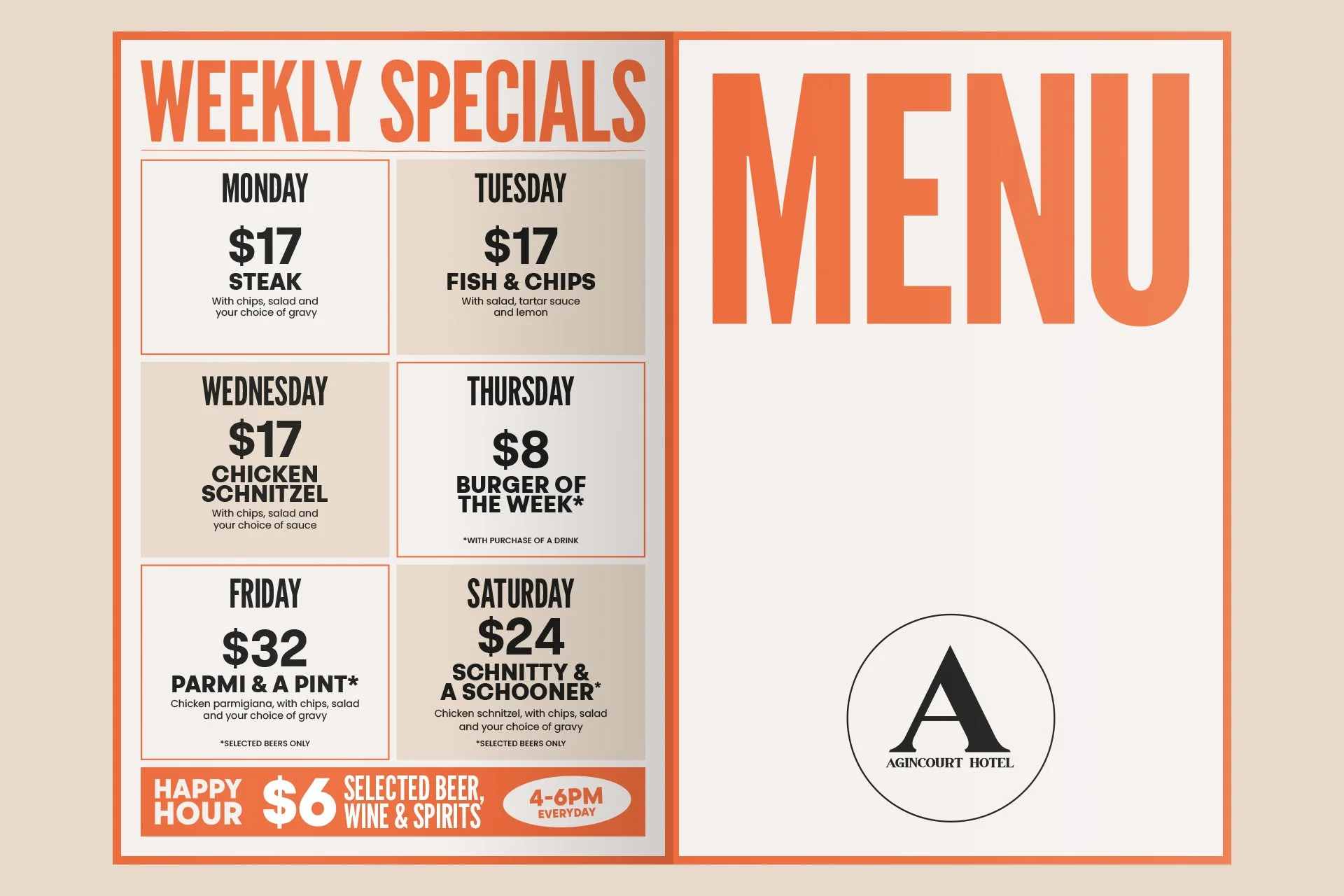 Weekly specials menu featuring daily meal deals at a restaurant, including steak, fish and chips, chicken schnitzel, burger of the week, parmigiana, schnitzel, and a schooner, with prices and description, along with a happy hour offer for drinks.