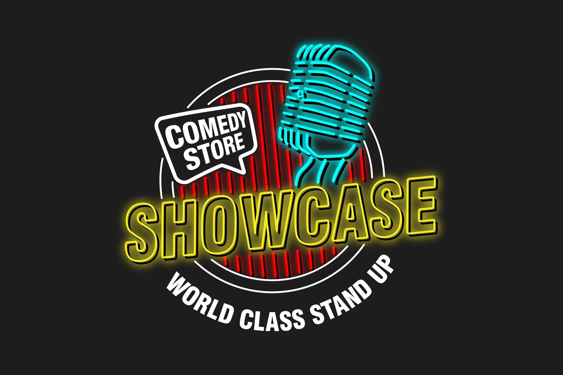 Neon sign for Comedy Store Showcase featuring a vintage microphone, with text 'Comedy Store', 'Showcase', and 'World Class Stand Up'.