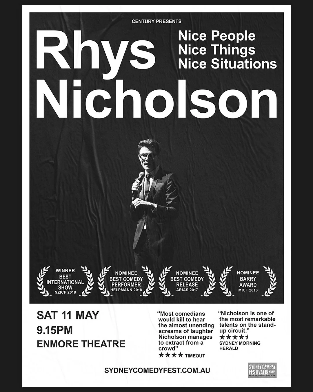 Poster advertising Rhys Nicholson's comedy show at Sydney Comedy Festival, featuring awards, reviews, and show details. The poster is in black and white with a photo of Rhys Nicholson holding a microphone.