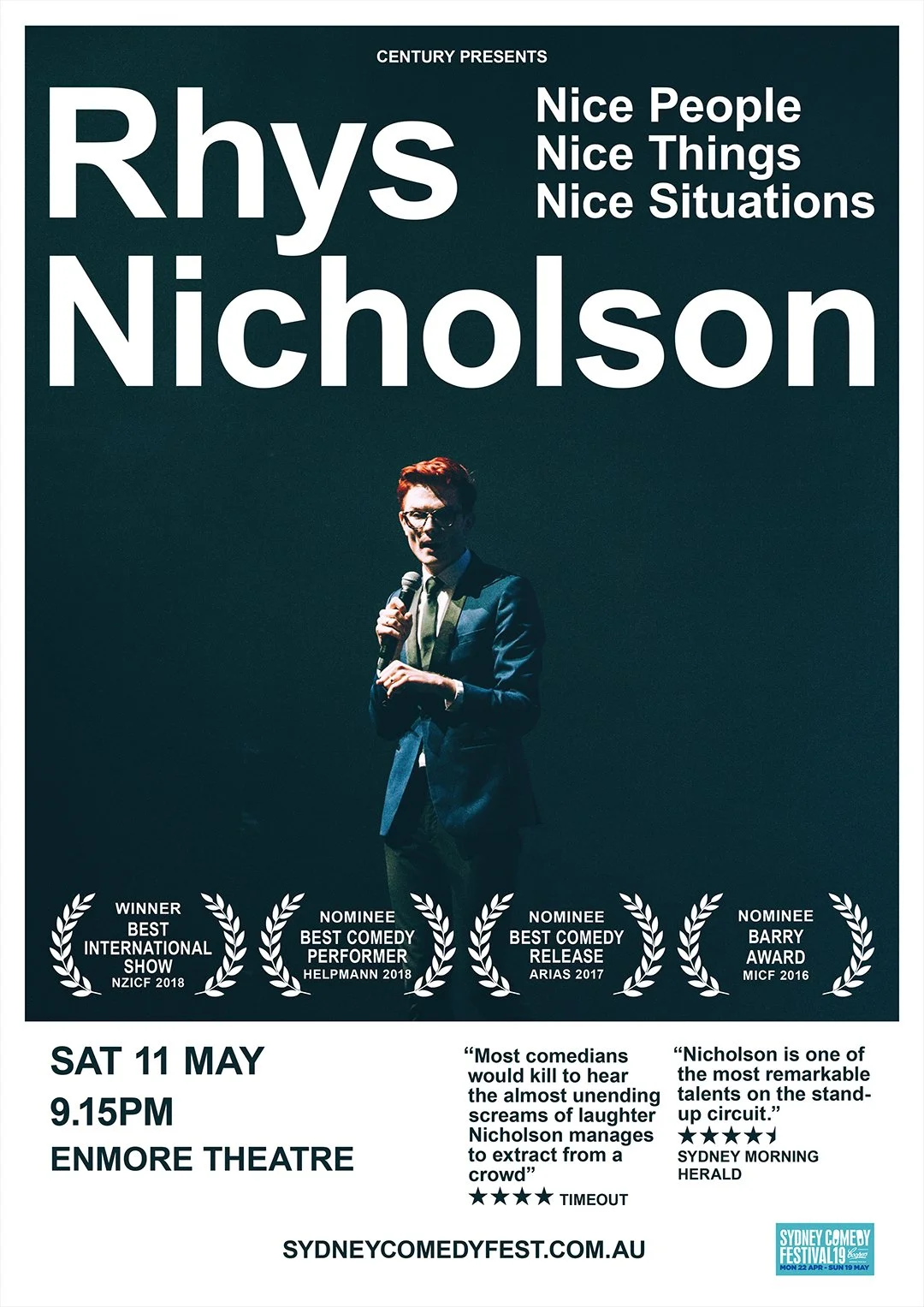 Event poster featuring Rhys Nicholson, promoting a comedy show on Saturday, May 11 at 9:15 PM at Enmore Theatre, part of Sydney Comedy Fest, with accolades and reviews from Timeout and Sydney Morning Herald.