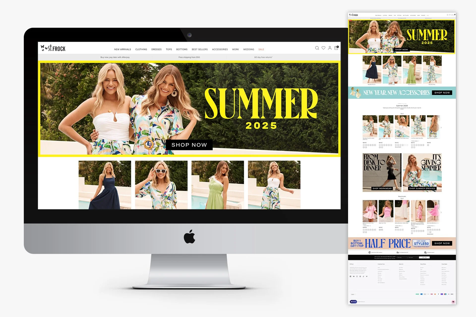 Web pages displayed on an iMac and a mobile device showcasing summer fashion for 2025, featuring models in dresses and accessories, with text overlays about summer sales and new arrivals.