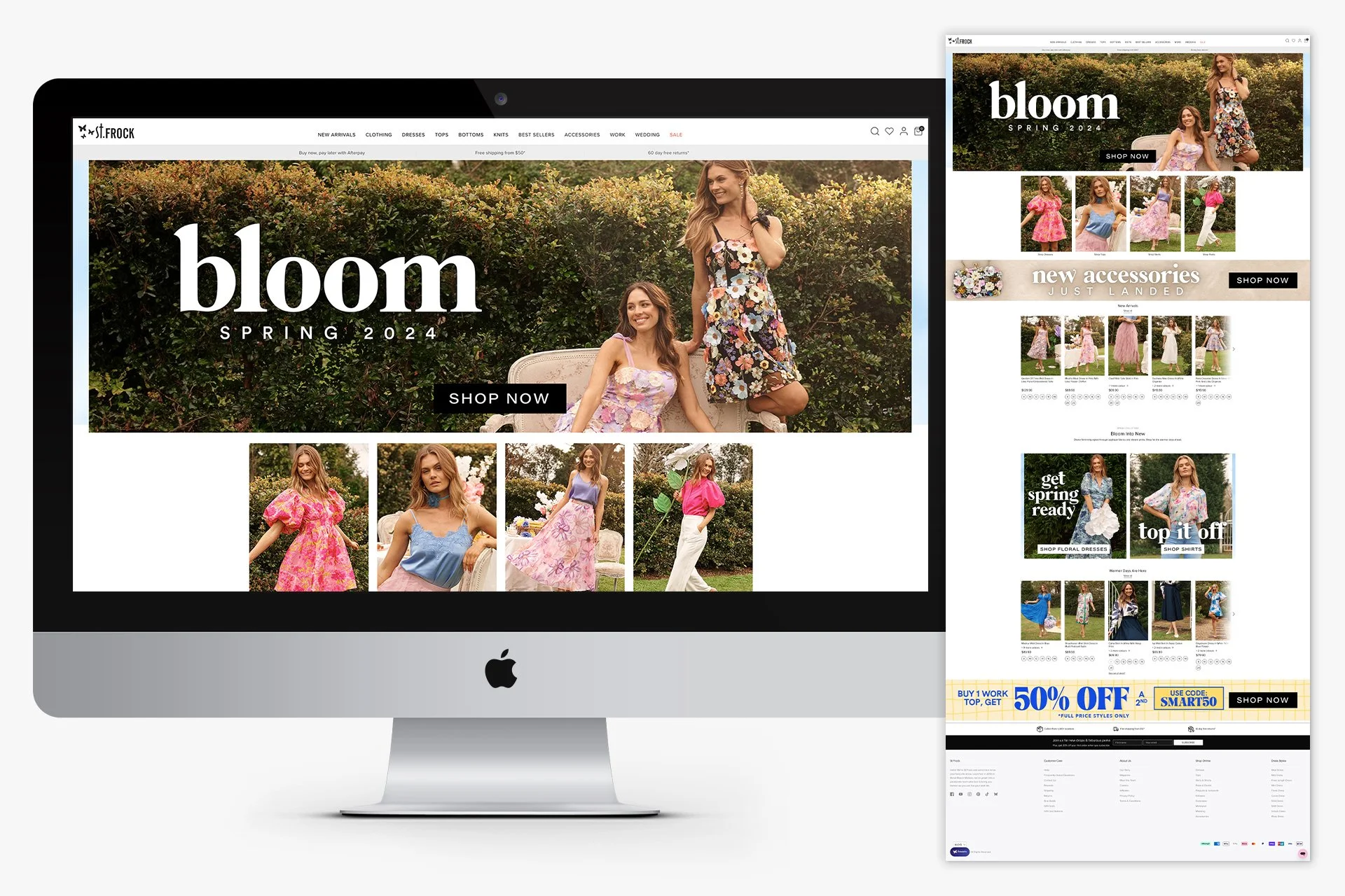 Two digital screens displaying a website for Bloom Spring 2024 clothing collection, featuring models in floral dresses and accessories, with promotional banners and shopping options.