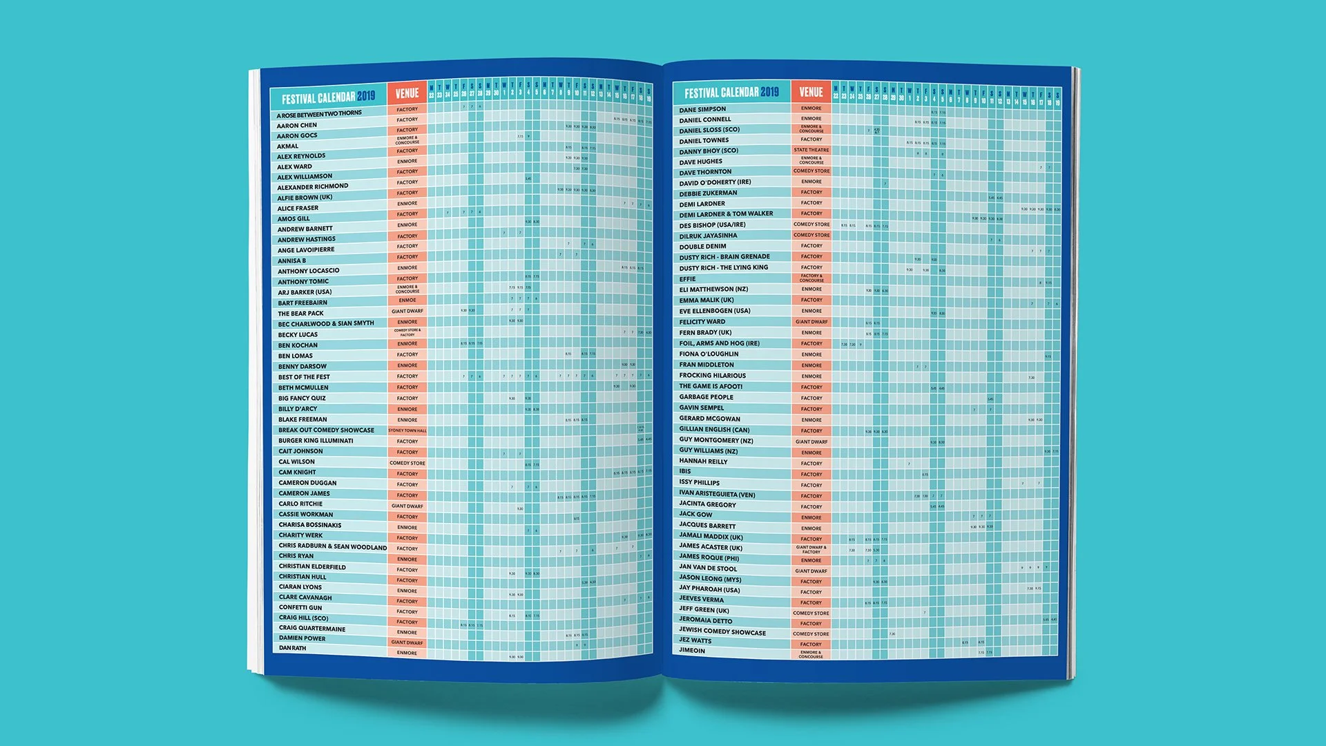 Open festival calendar booklet with a blue background, showing a list of performers, dates, and venues for 2019.