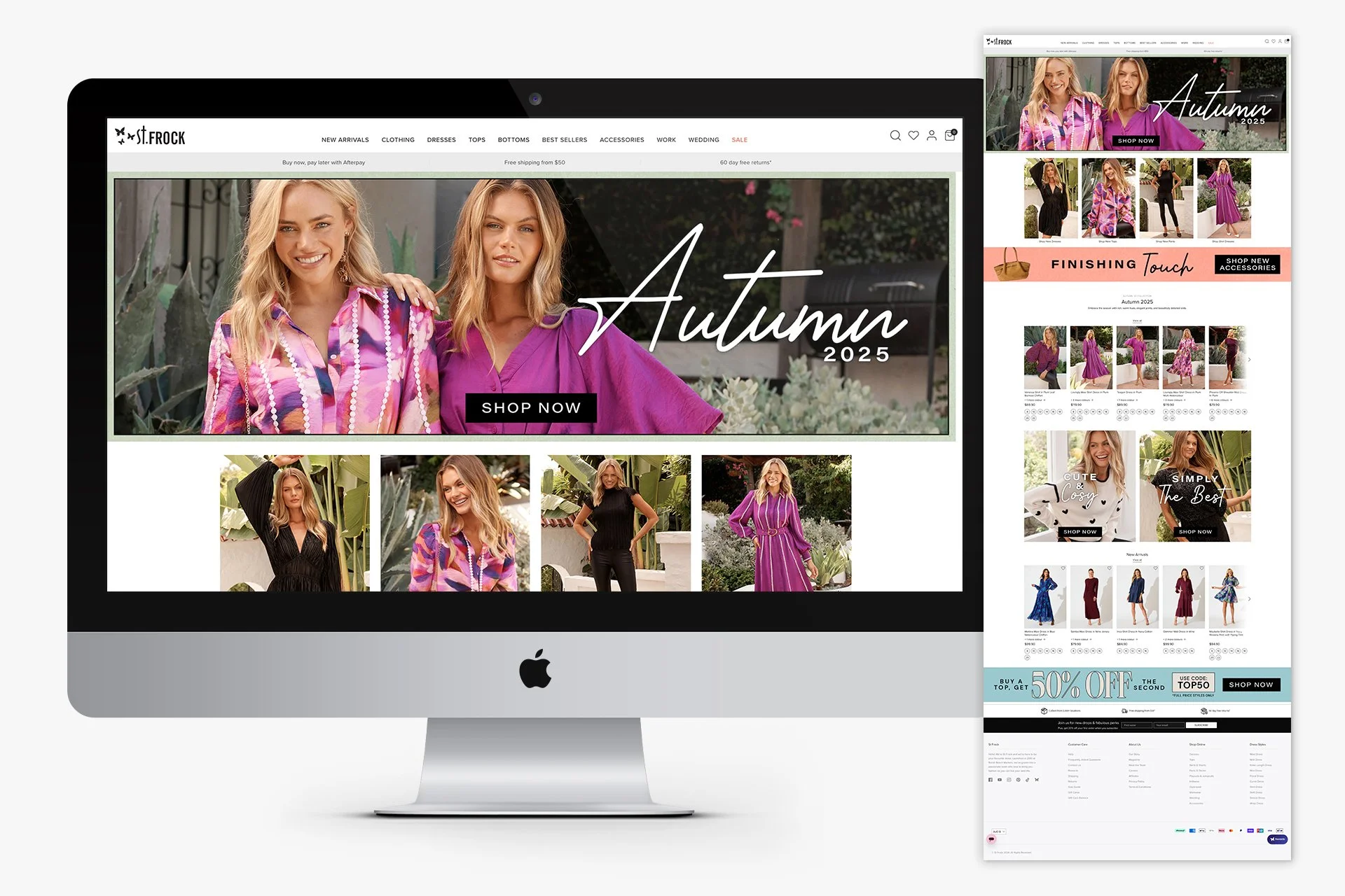 E-commerce website displayed on an iMac and a mobile device, showcasing fashion items and promotions for autumn 2025 for a brand called St. Frock.