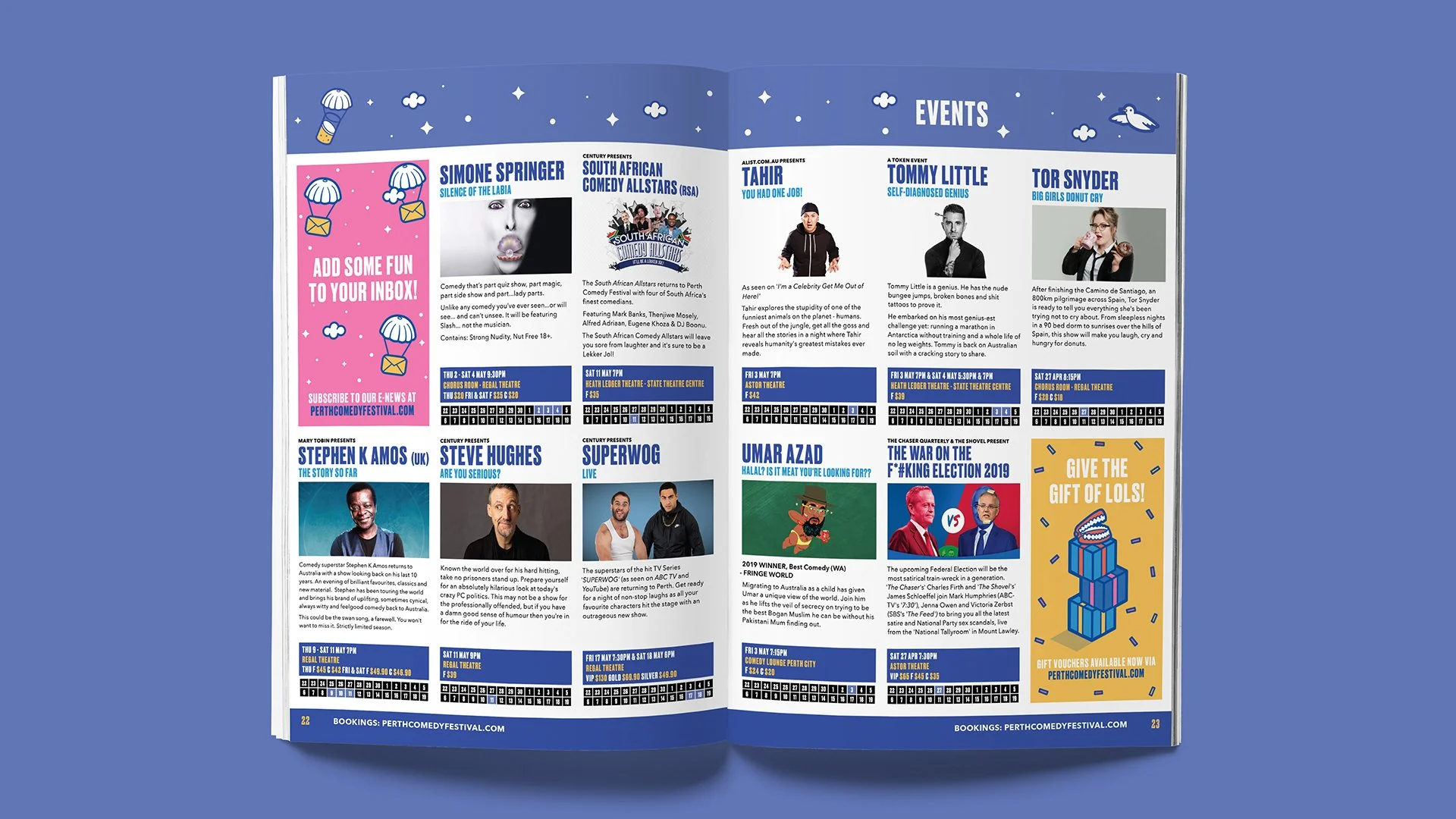 Open magazine with comedy event listings, featuring photos of comedians and event details, on a blue background.