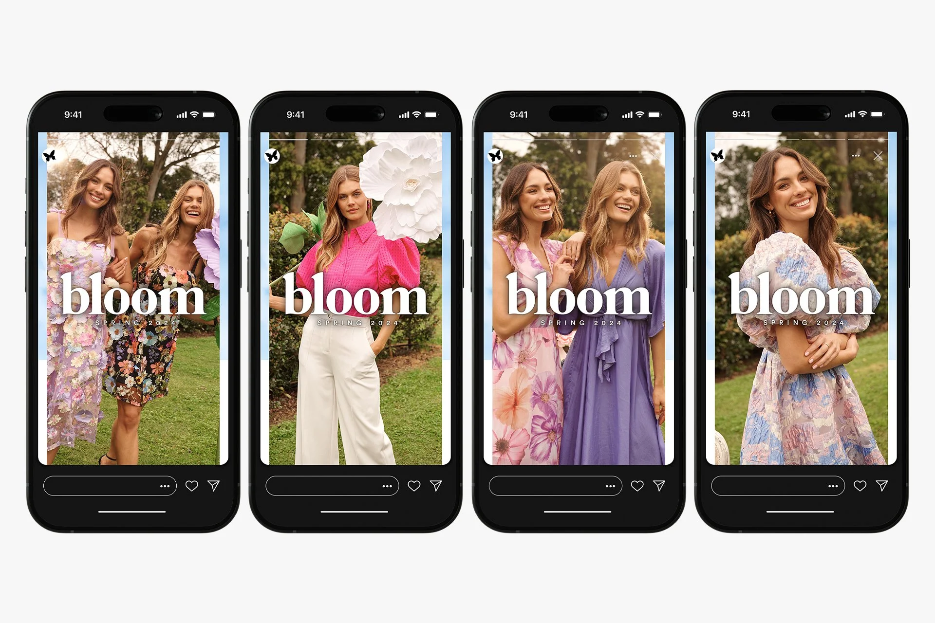 Four smartphones displaying photos of women in floral and colorful dresses outdoors, with the word 'bloom' and 'Spring 2024' overlayed on each screen.