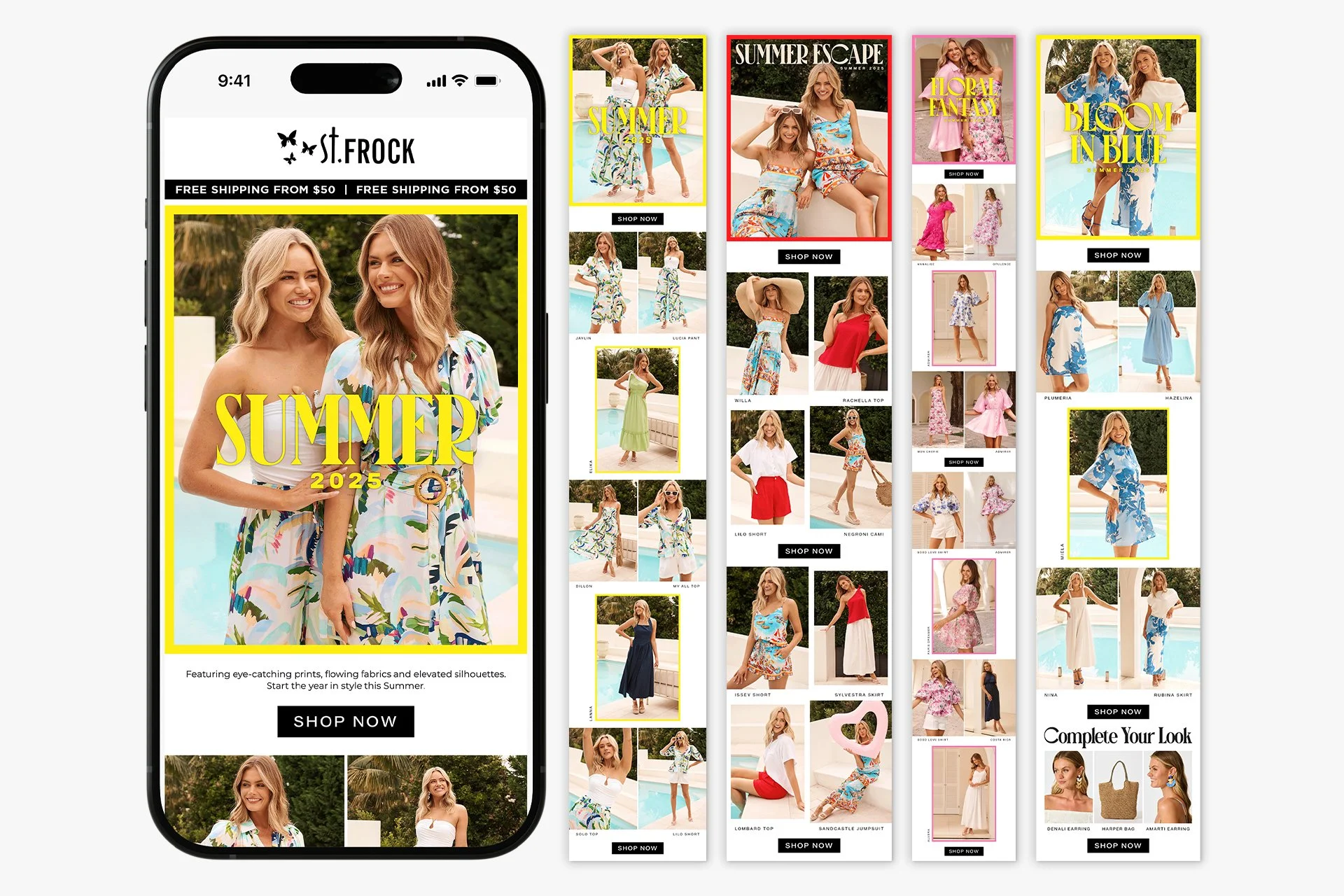 Collage of fashion advertisements showcasing summer dresses and outfits for women, featuring models by a pool and outdoors, with text overlays such as 'Summer 2025' and 'Bloom in Blue' and call-to-action buttons like 'Shop Now'.